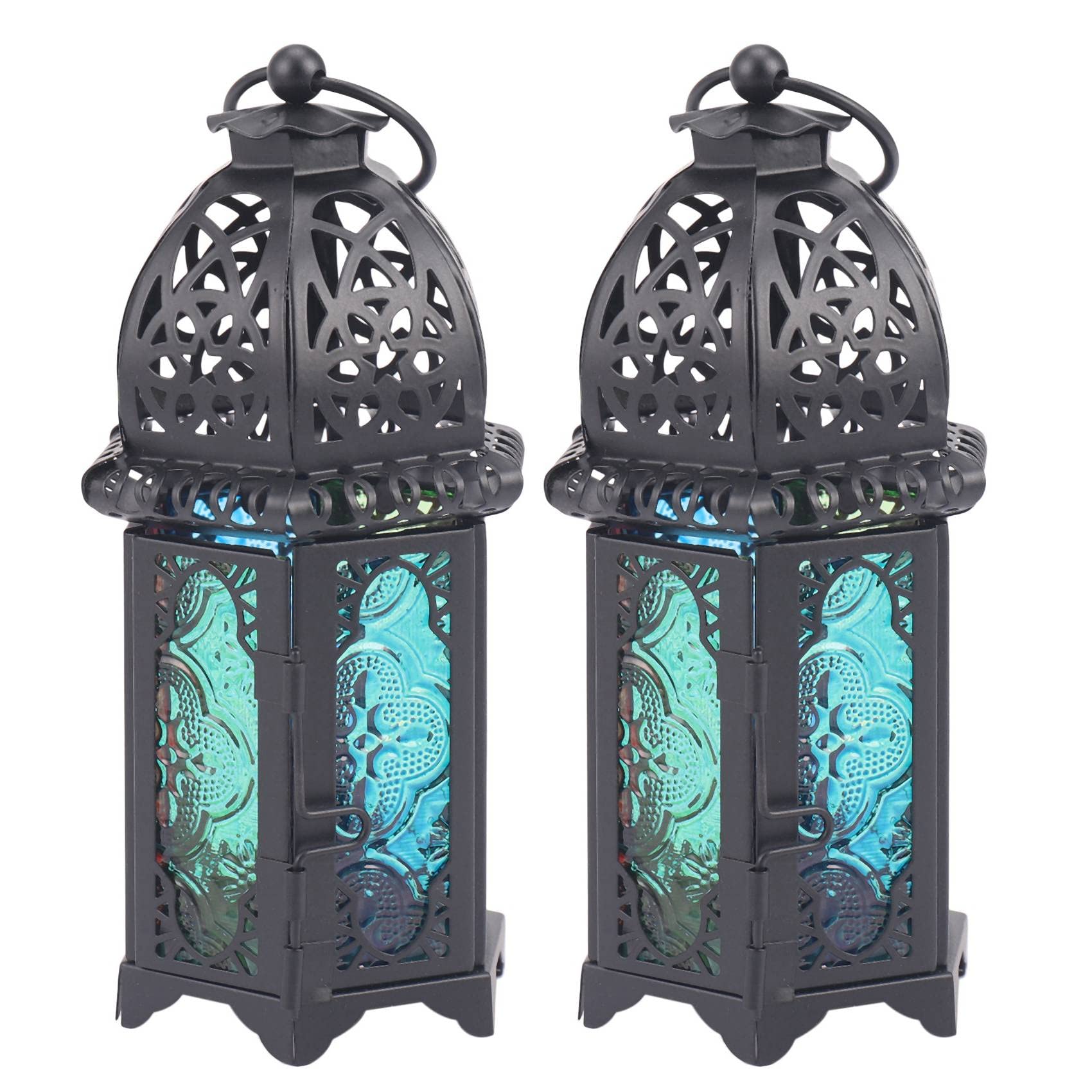 Hndhbfgrt 2X Classic Moroccan Decor Windproof Candle Holders Votive Iron Glass Hanging Candlestick Candle Lantern Black