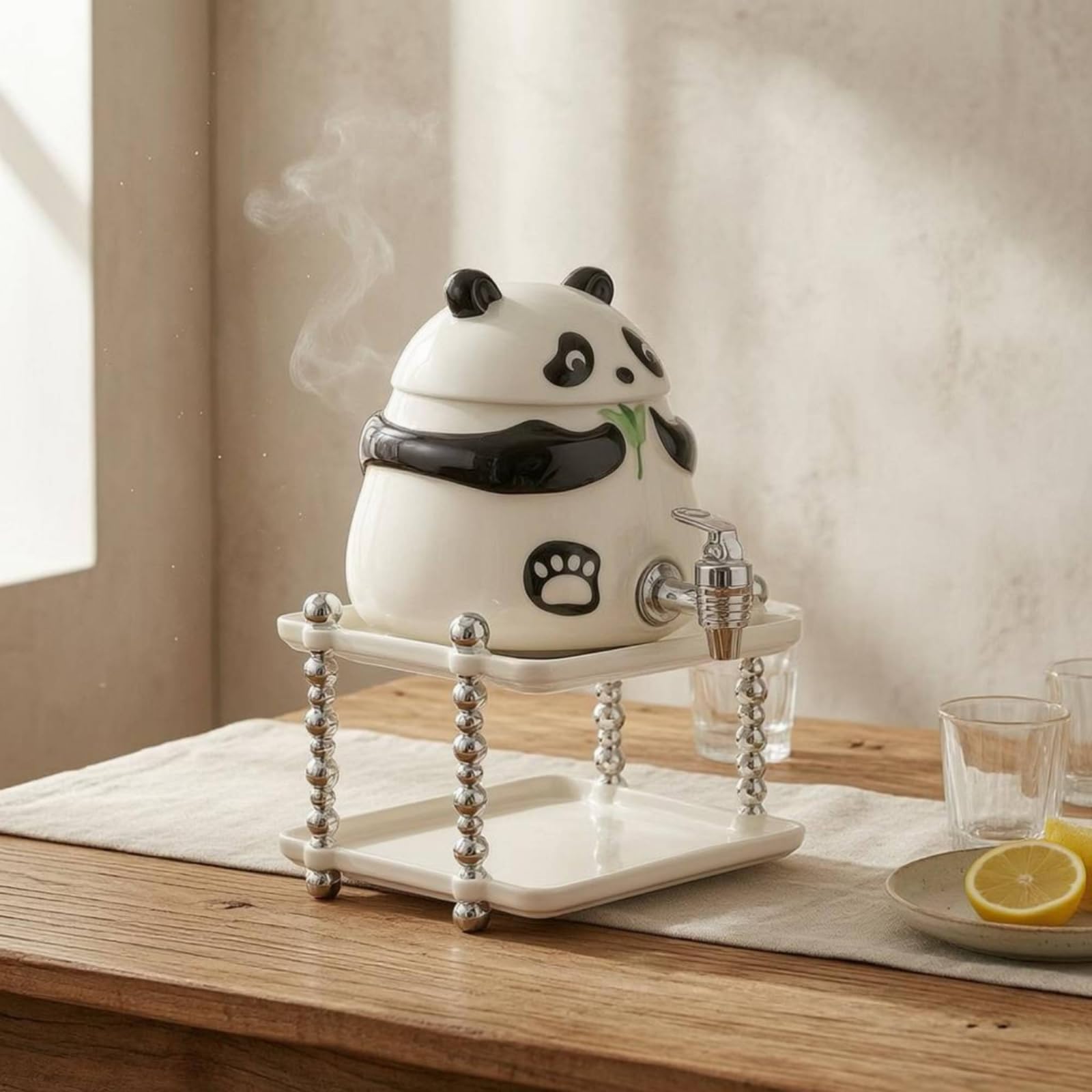 LOVIVER Getränkespender Panda Wasserspender Tischgetränkespender Auslauf Vorne Kontrolliertes Eingießen Pflegeleichte Oberfläche für Familie Gäste Empfang, 2L Panda Wasserspender Mit Keramikständer
