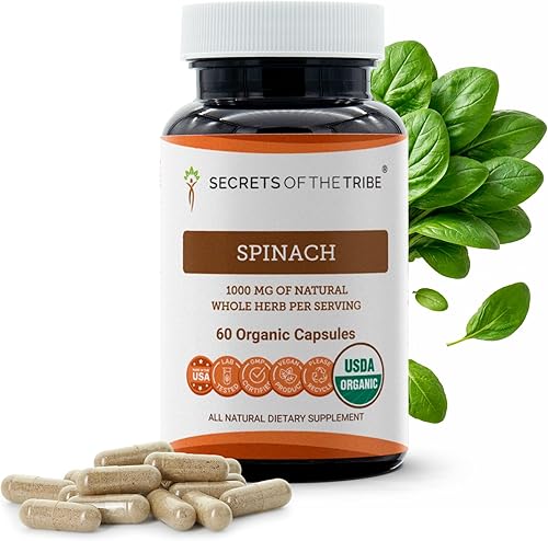 Secrets of the Tribe Spinach USDA Organic 60 cápsulas | Fabricado con cápsulas vegetales y hoja seca certificada de espinaca orgánica (Spinacia