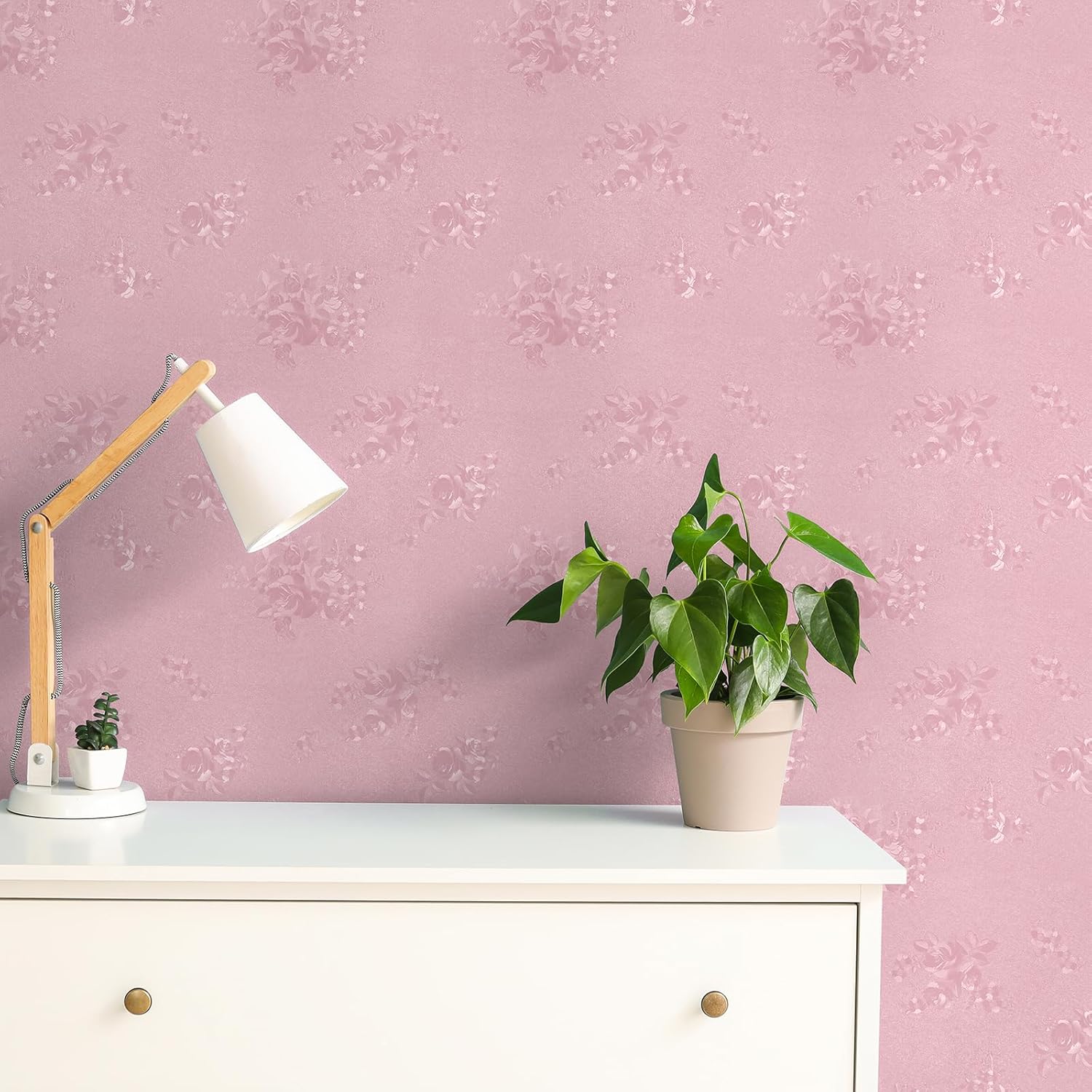 CHIHUT Pink Floral Wallpaper Stick and Peel 12"x100" Pink Embossed Flower Contact Paper Self Adhesive Removable Wallpaper for Renters Waterproof Solid Wall Paper for Drawers Walls Vinyl Roll