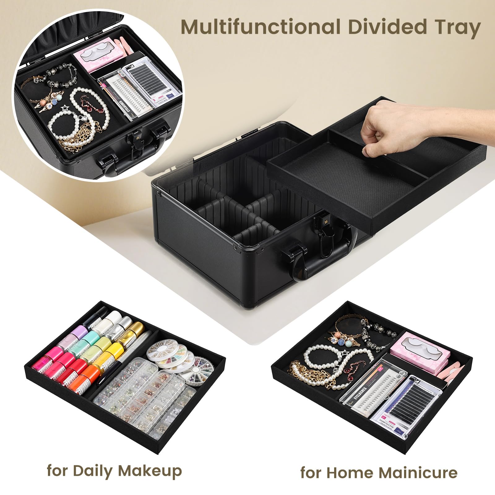 Vanity Case - Beauty case portatile per truccatori, con divisori regolabili e porta pennelli da trucco, nero