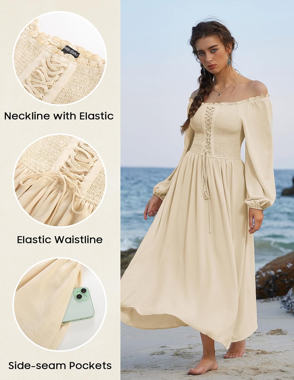 Scarlet Darkness Renaissance Dress Women Long Sleeve Cottagecore Smoked Dress with Pockets - Image 6