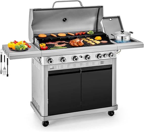 2 in 1 Propane Griddle Grill Combo, 6-Burner Propane Gas BBQ Grill with Porcelain-Enameled Cast Iron Grates & Plate, 42,000 BTU Combo Grill with Side Stove for Outdoor Cooking Camping Patio Backyard