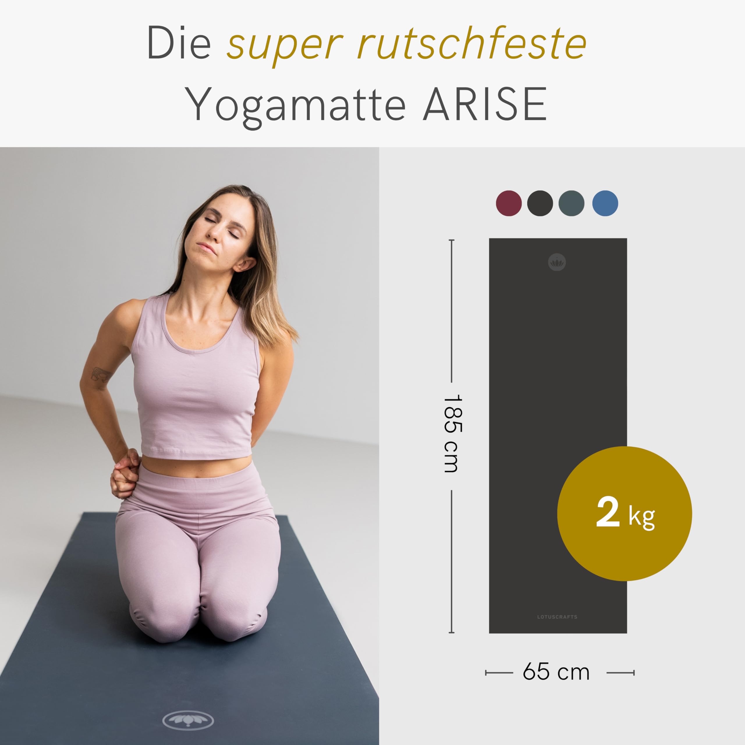LOTUSCRAFTS Arise Yogamatte rutschfest, Made In Spain, Yoga Matte aus Naturkautschuk, 185 x 65 x 0,4 cm