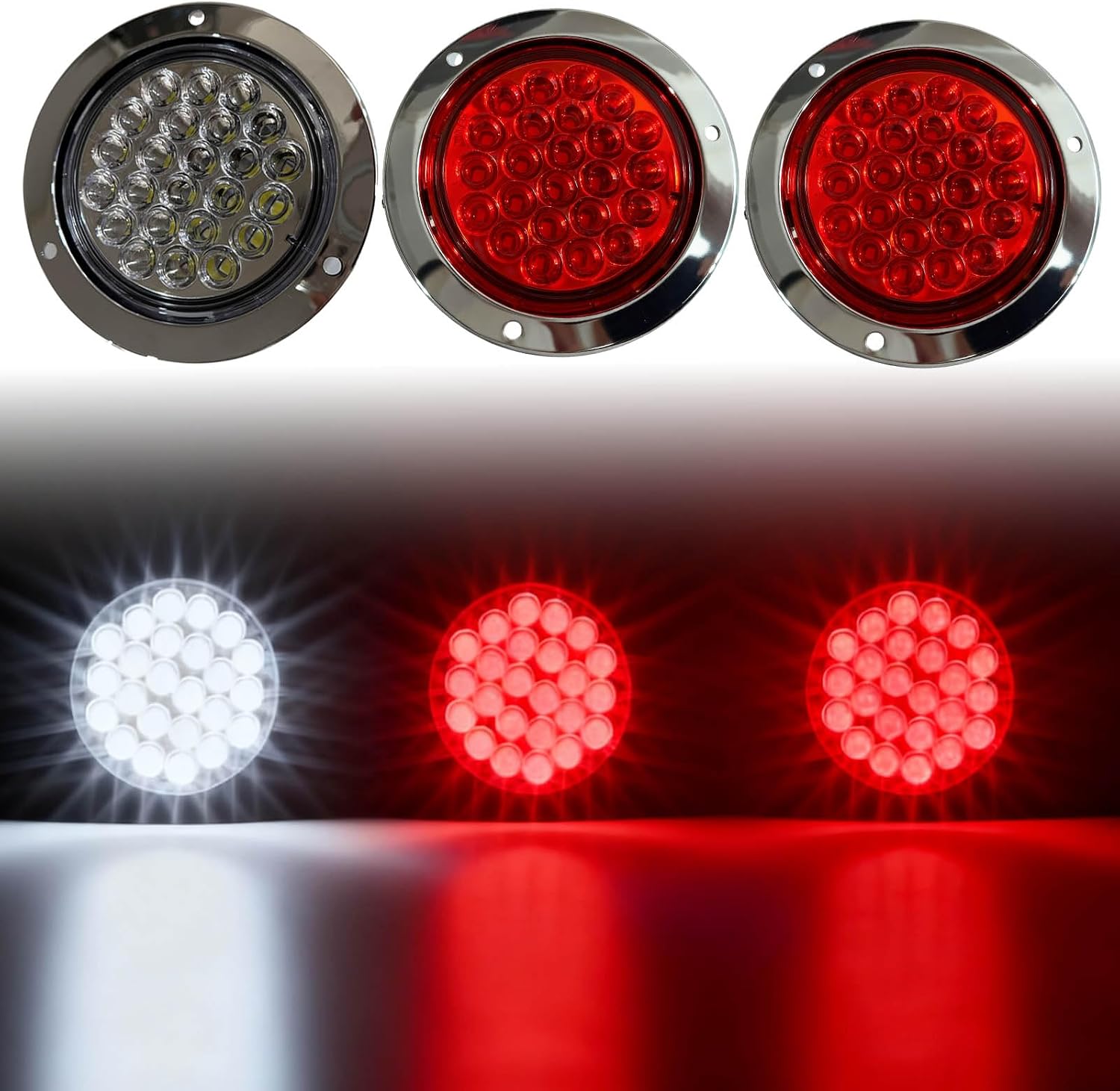 Universal 30" Stainless Steel Spring-Loaded Mud Flap Hanger Light with 24 LED Light for Semi Trucks, 2-1/2" Bolt Spacing Rear Tail Light Bar Box with 4" Light Cutouts (4x Red + 2x White)