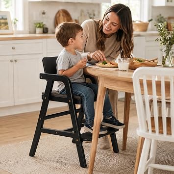 Wooden High Chair for Babies and Toddler Dining Chair, Black | Baby HighChair Grows with Kids, Baby Feeding Chair for Dining Study with Adjustable Seat and Footrest, for Home, Restaurant