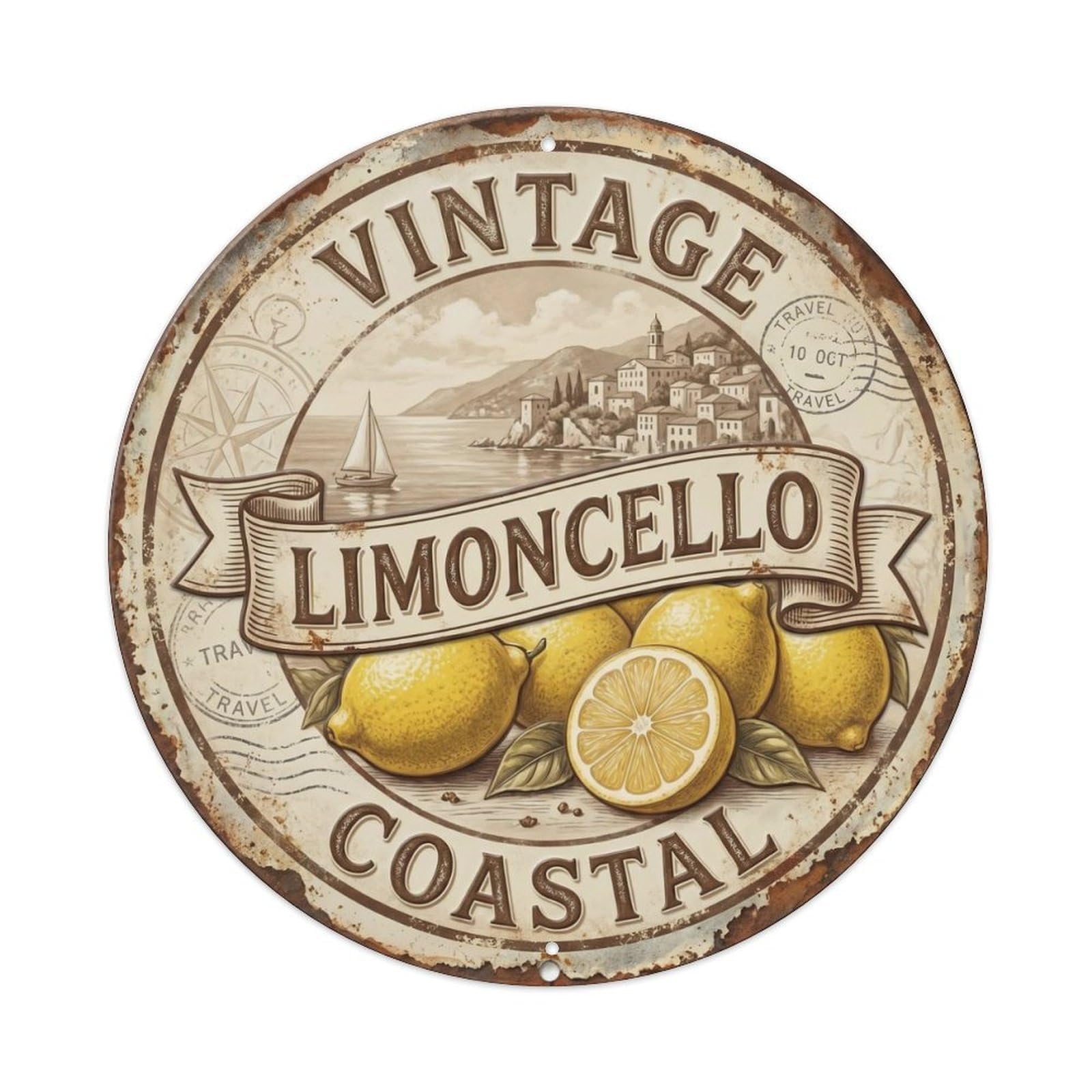 Vintage Coastal Limoncello Emblem Metal Tin Sign Plaque Wall Decor for Cafe, Club Bar, Office, Home Garden Round Metal Poster 8x8Inch