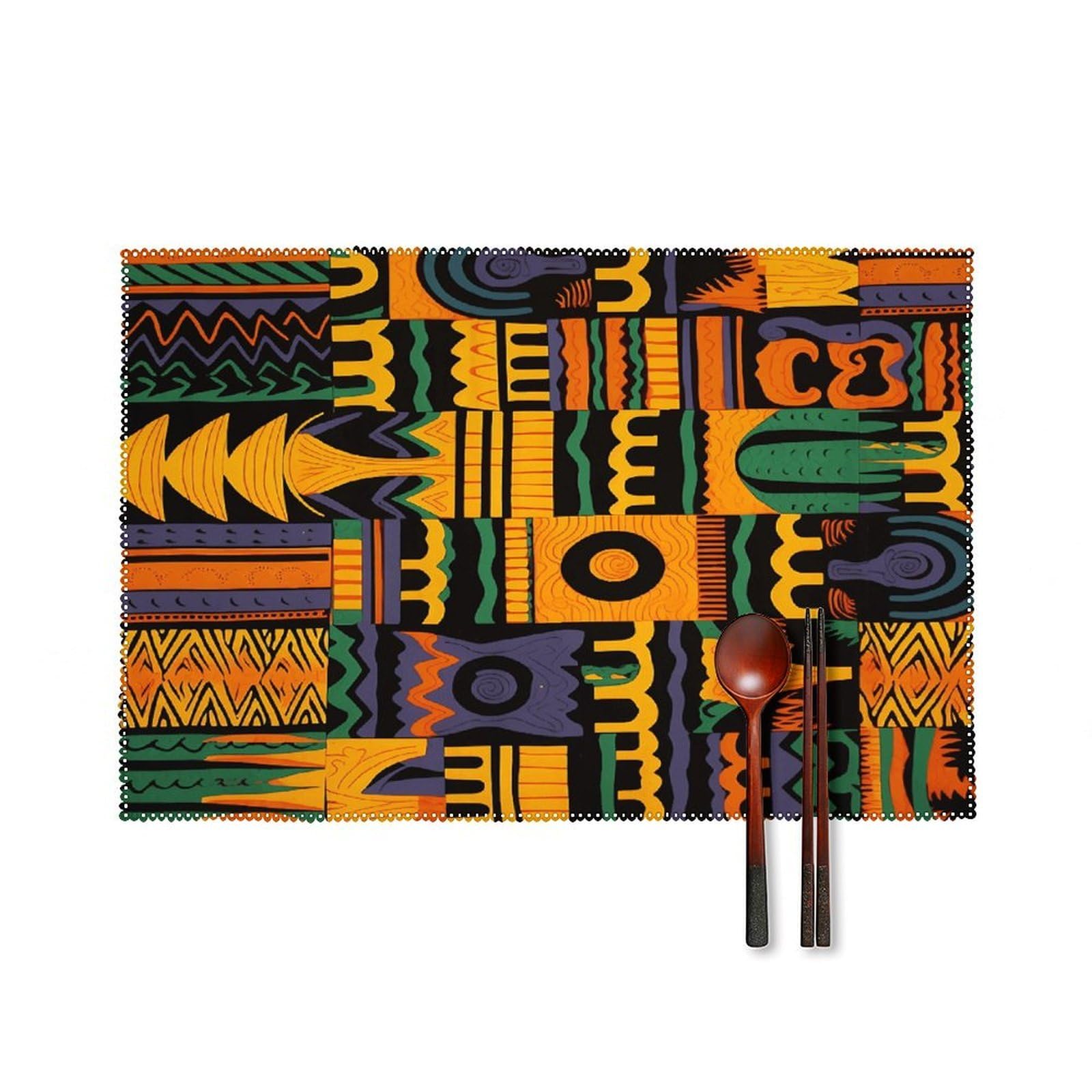 African Ethnic Pattern Placemats Set of 6 Non-Slip Heat Resistant Table Mats Canvas Washable Cloth Place Mats Easy to Clean Premium Placemat for Kitchen Dining Table Decoration