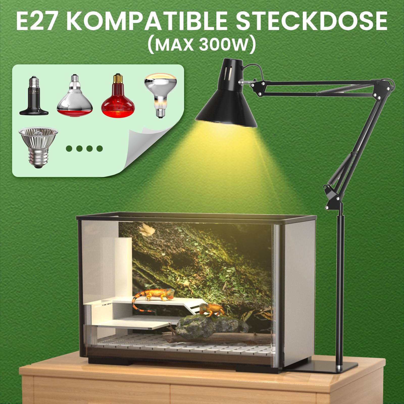 GlowUp Reptilien Lampenständer Verstellbarer 40-180CM, Hoch Reptilien Wärmelampenständer mit E27 Lampenschirm, Reptilien Lampenhalter Terrarium, Lichtständer für Schildkröten Spinne (Ohne Glühbirnen)