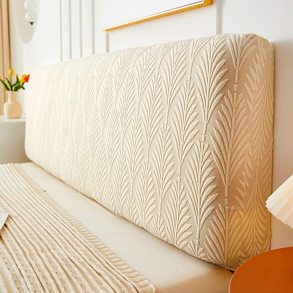 ENEN Elástica Funda Cabecero Cama, Jacquard-Hojas Cubierta para Cabecero de Cama, Lavable Universal Todo Incluido Cubre Protectora de Cabeceros para Cama 120-220cm (150cm,Beige)