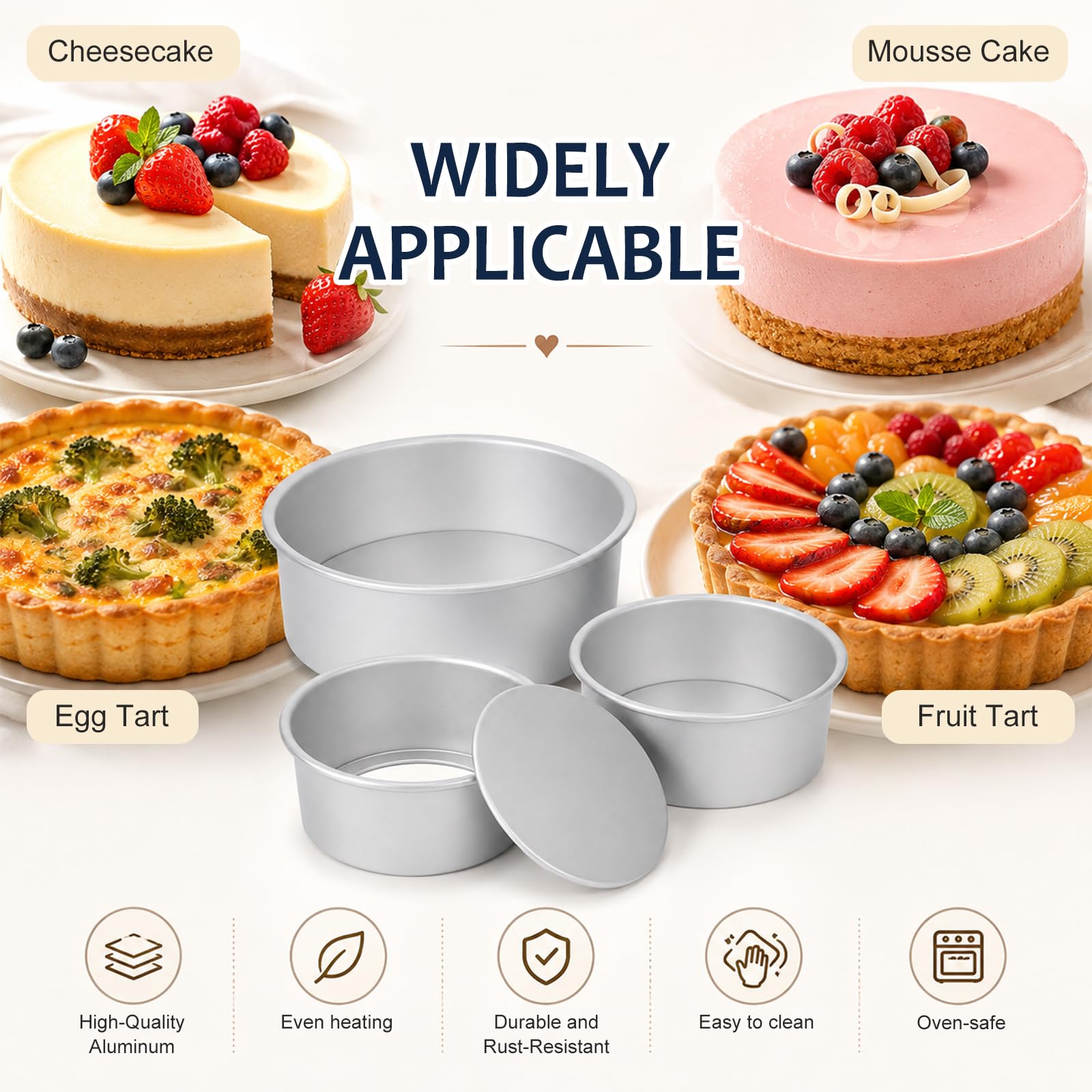 3 stampi rotondi per torte con fondo rimovibile, 15,2 x 25,3 x 25,4