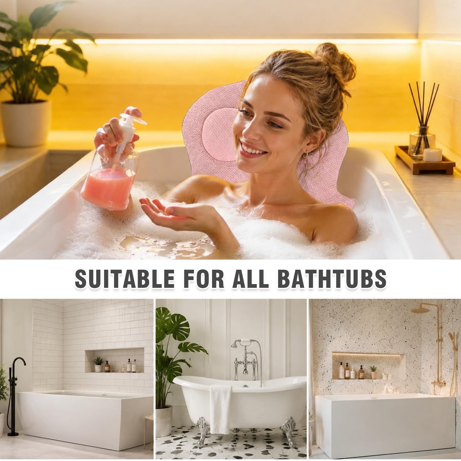 Cuscino per vasca da bagno, cuscino per vasca da bagno, cuscino per vasca da bagno con poggiatesta per alleviare il collo e la schiena, cuscino da bagno con forti ventose (rosa)