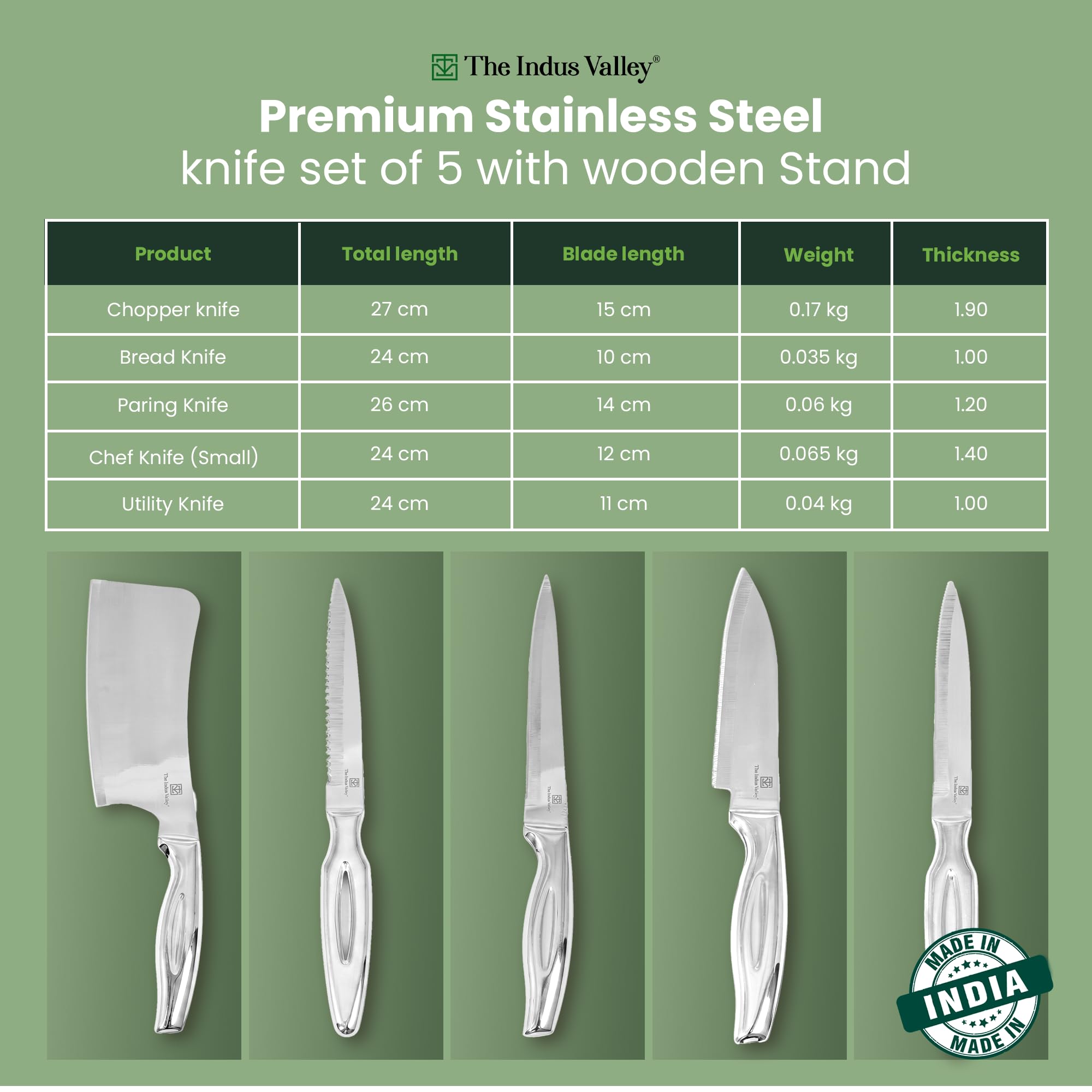 Indus Valley Stainless Steel Knife Set - 5 Piece with Stand -2 Indus Valley Stainless Steel Knife Set - 5 Piece with Stand -2