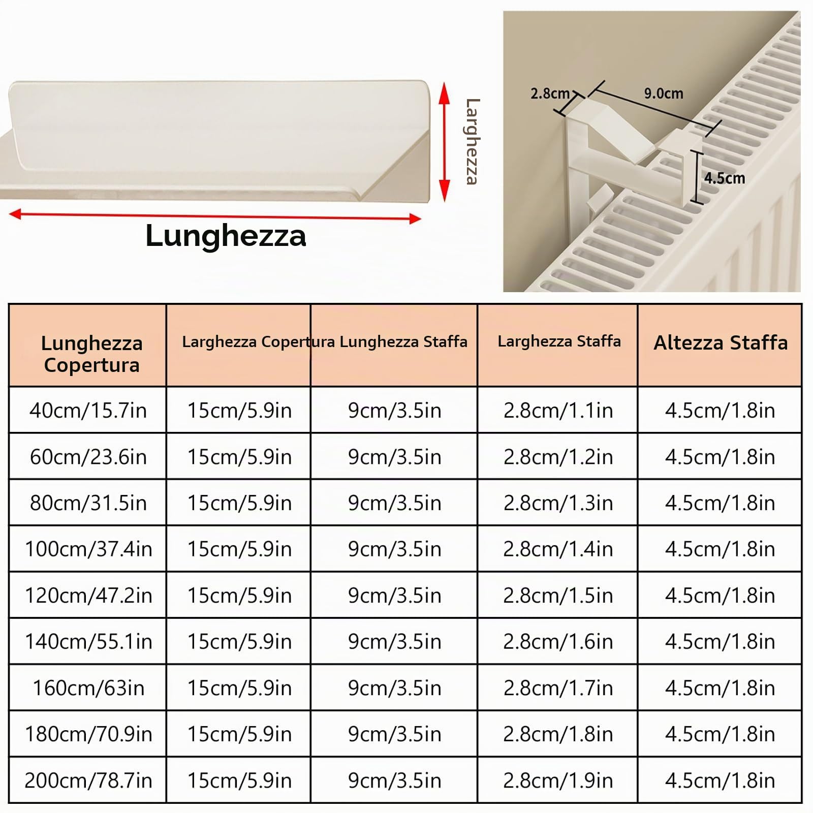 Mensola Del Radiatore Mensola Termosifone Copri radiatore superiore 200 180 160 140 120 CM, mensola rustica stretta sospesa in legno bianco sopra il radiatore, mensola per radiatore senza foratura con