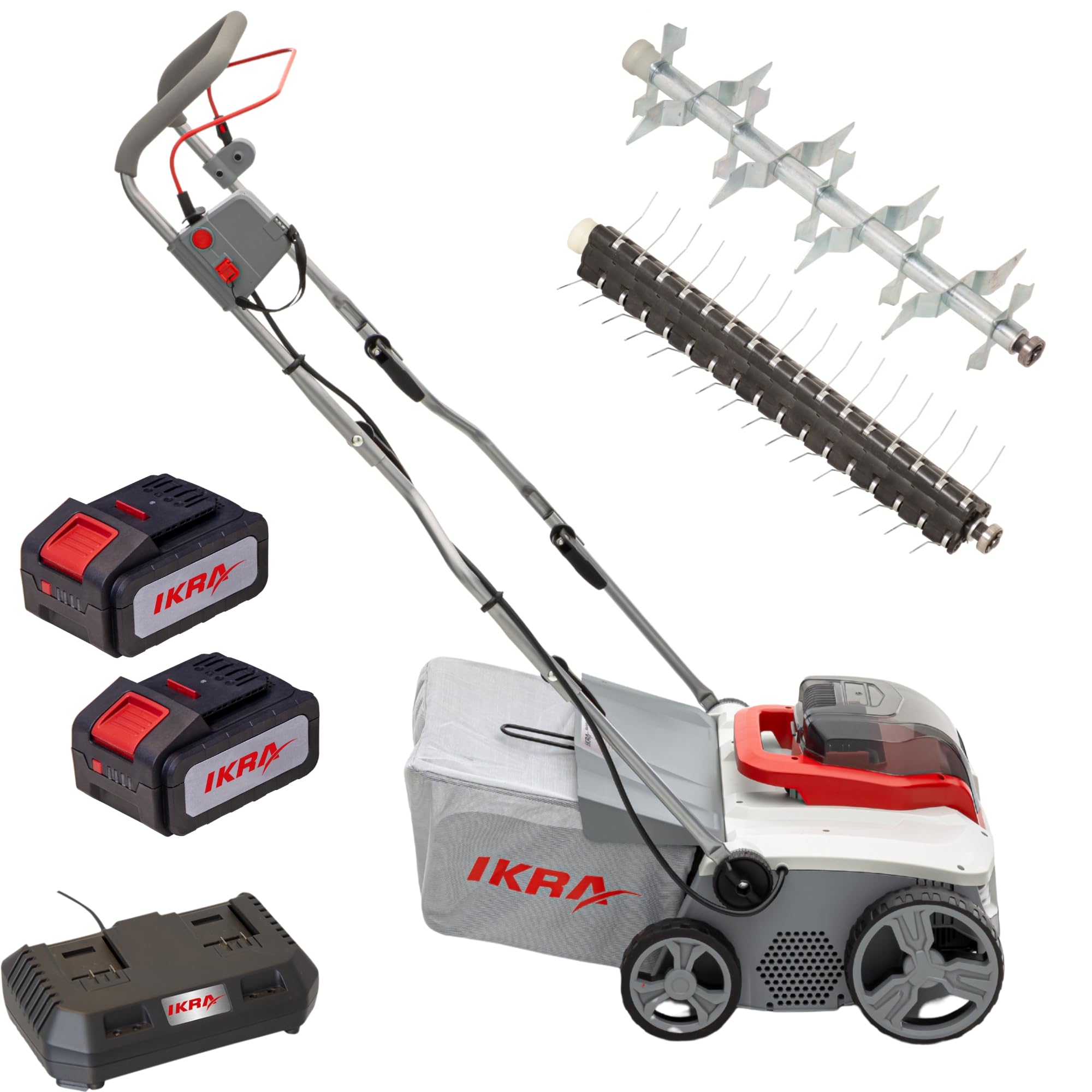 IKRA IAVL 2-2040 Cordless 3-in-1 Scarifier Aerator 40 Litres, Working Width 40 cm, Includes 2 x 20 V 4.0 Ah Batteries and Fast Charger