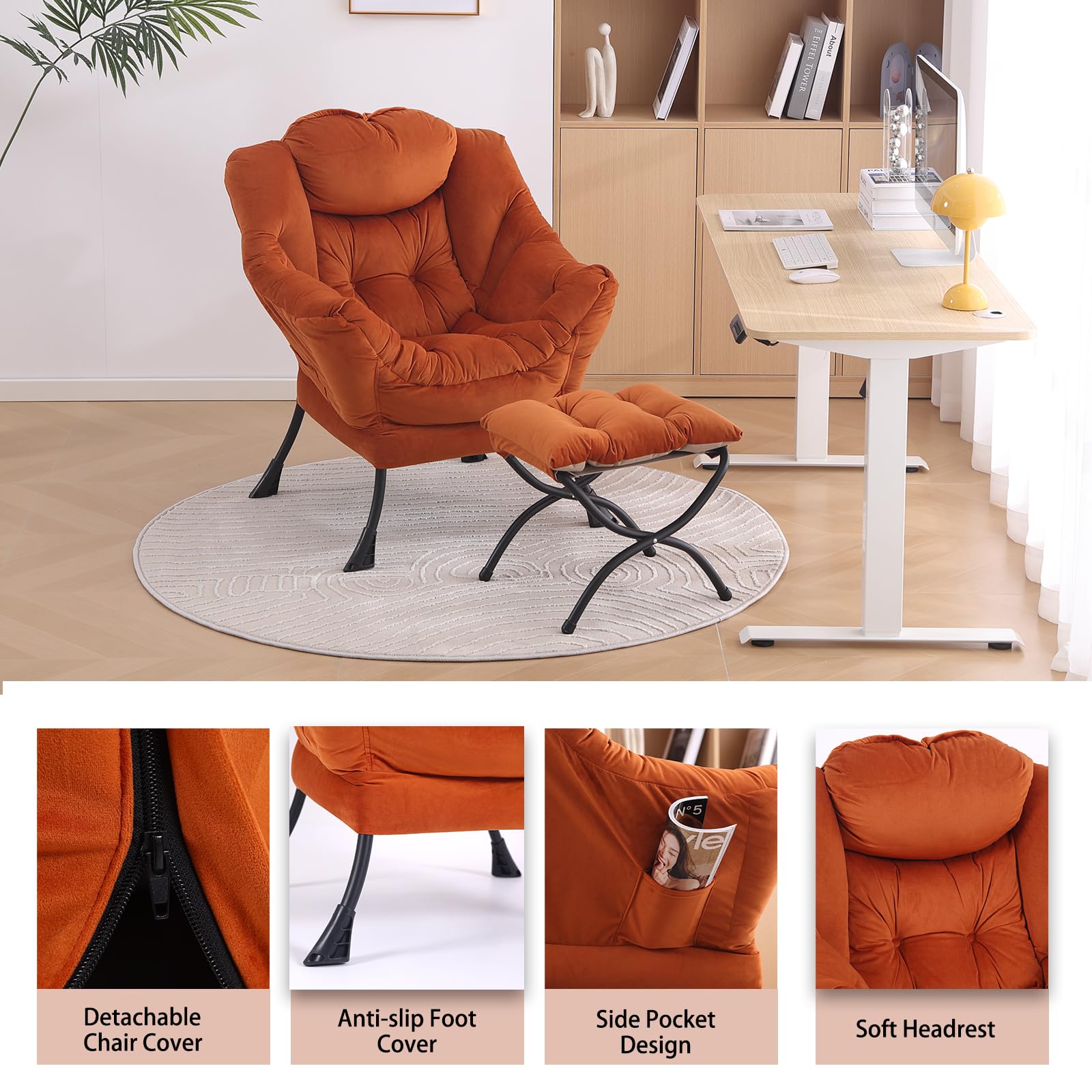 LITA Lazy Chair with Ottoman, Modern Lounge Accent Chair with Armrests and a Side Pocket, Leisure Upholstered Sofa Chair Set, Reading Chair with Footrest for Small Space, Corner Chair,Orange