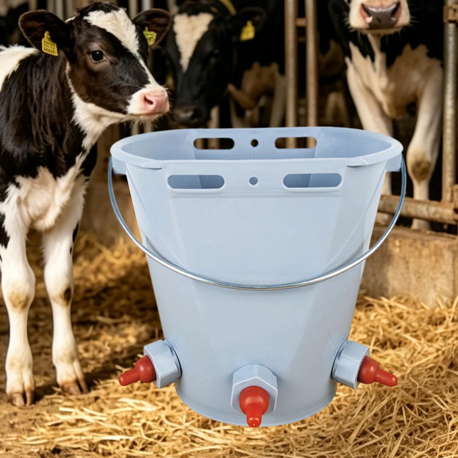 Secchio per l'alimentazione dei vitelli, Secchio per l'alimentazione del Latte, 8 Litri con tettarella, Premium, Pratico con Graduata, Grigio con 3 Capezzoli