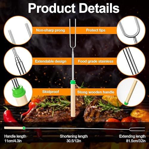 Miniatura 2 de 36 palitos para asar malvaviscos para fogata para hoguera de 32 pulgadas de largo, extensibles, con mango de madera, bolsa de almacenamiento para