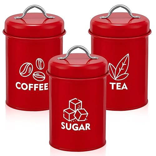 red metal canisters for tea coffee and sugar white horizontal labels with icon images