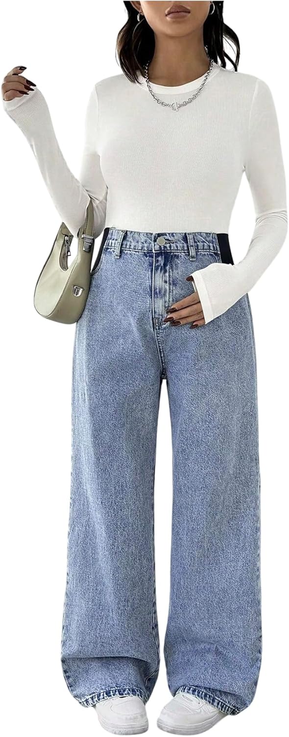 MakeMeChic Women's Maternity Jeans Loose Wide Leg Over The Belly Straight Pregnancy Jeans Denim Pants