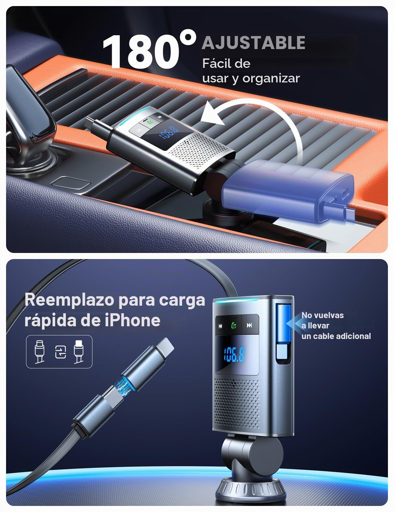 JOYROOM 90W Transmisor FM Bluetooth 5.4 Coche, 【100cm Cable Retráctil】 2025 Manos Libres Coche Bluetooth, 24V/12V Cargador Coche Carga Rápida, Accesorios Coche Interior para iPhone 17/Samsung
