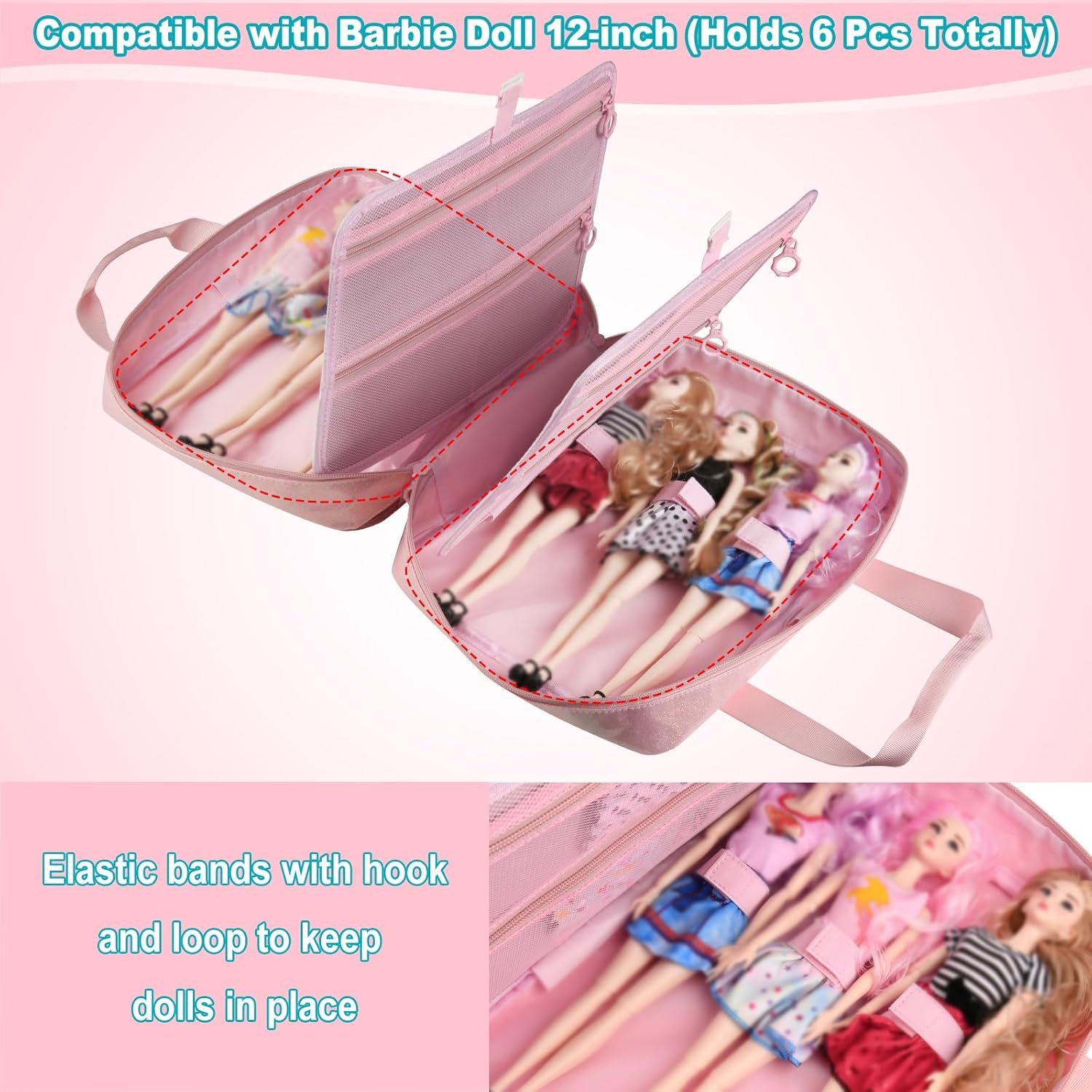 Beautyflier Carrying Case Compatible with Barbie Dolls 12-Inch, Portable Organizer Storage Bag Holds up to 6 Dolls, Toy Doll Storage Box, Multiple Pockets for Accessories, Bag Only (Pink)