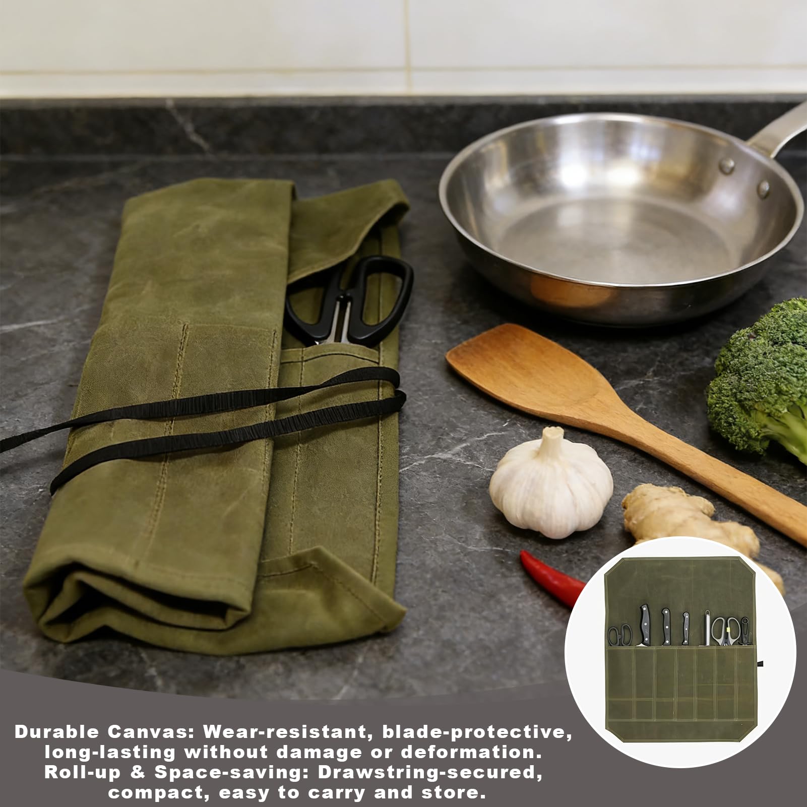 Messertasche,Rolltasche für Kochmesser,Koch Messer Roll Bag,Messertasche Kochmesser mit 7 Fächern fürMesser und Löffel,wasserfeste langlebigeMesser-Rolltasche für Camping Wandern