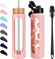 Vista 14 de Botellas de agua de vidrio de 32 oz - Vaso motivacional de 1 litro con marcador de tiempo - Vidrio de borosilicato con funda de silicona y 2 tapas