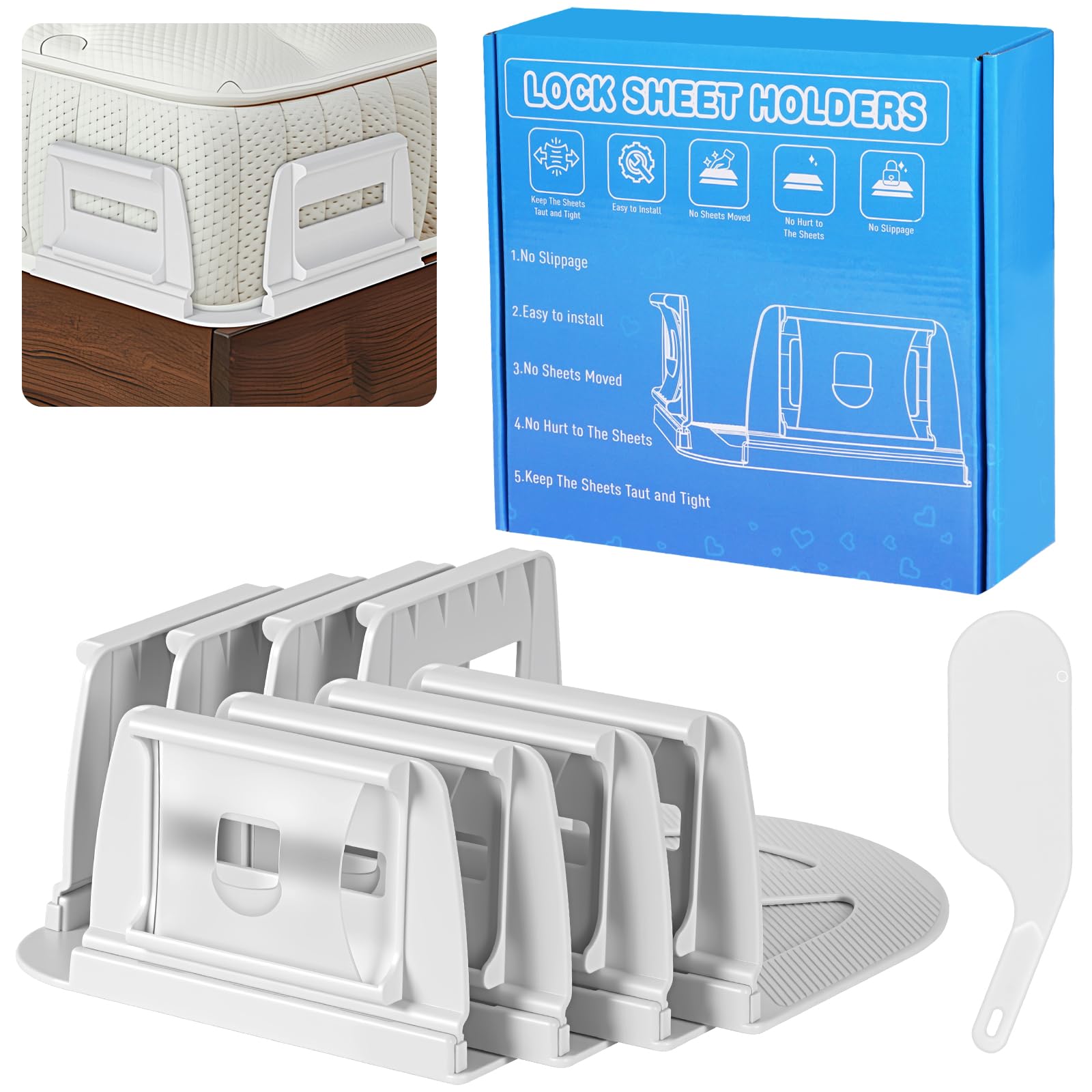 FONPOO Bed Sheet Holders for Corners, Lock Sheet Holders, 4Pcs Fitted Sheet Holders Keep Sheets Firm & Tight,Durable Heavy Duty Bed Sheet Clips, Sheet Locks, Fit All Mattress Easy Install