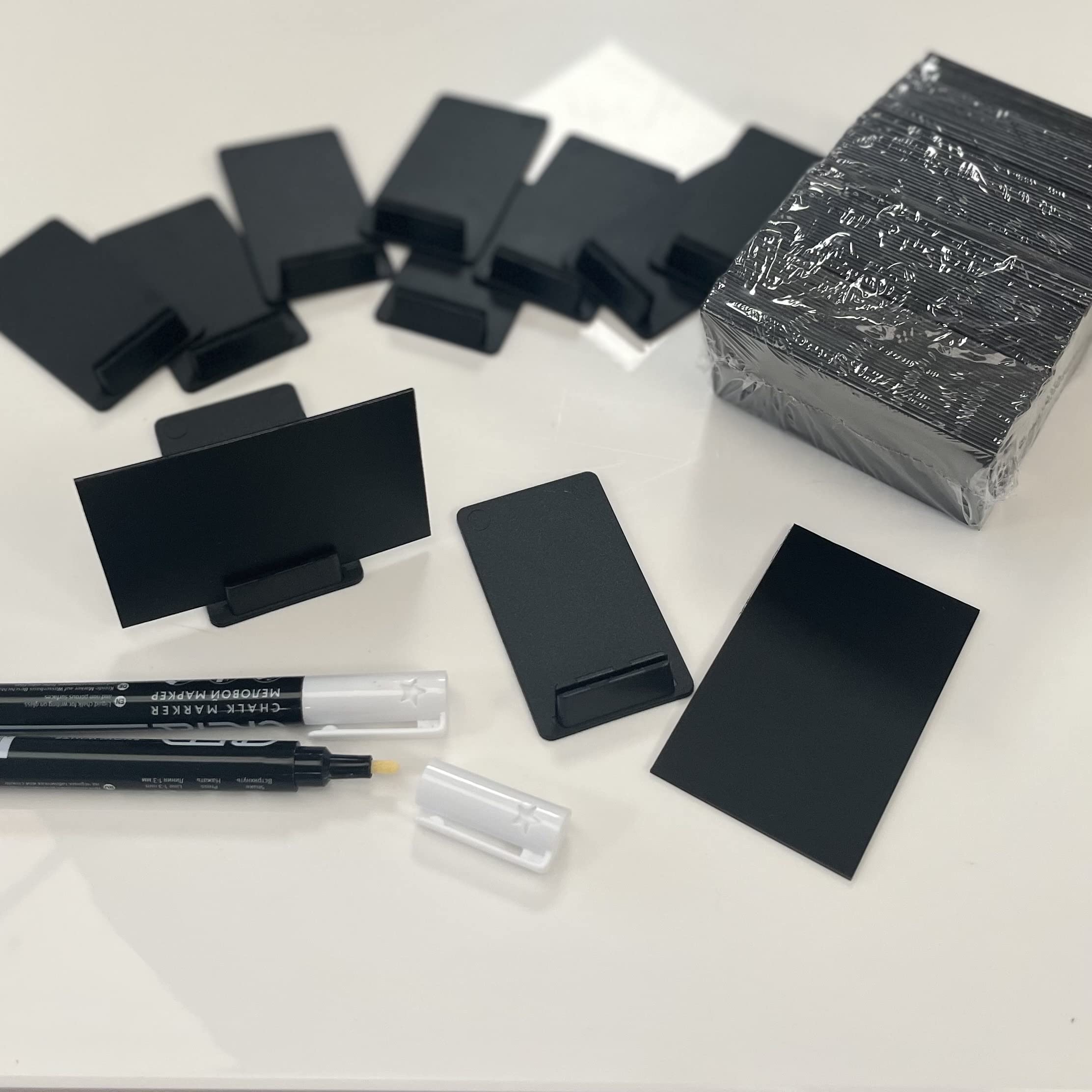 Tarjetas de precio Lote 100 + 100 soportes + 2 tizas, mini cuadros decorativos negros