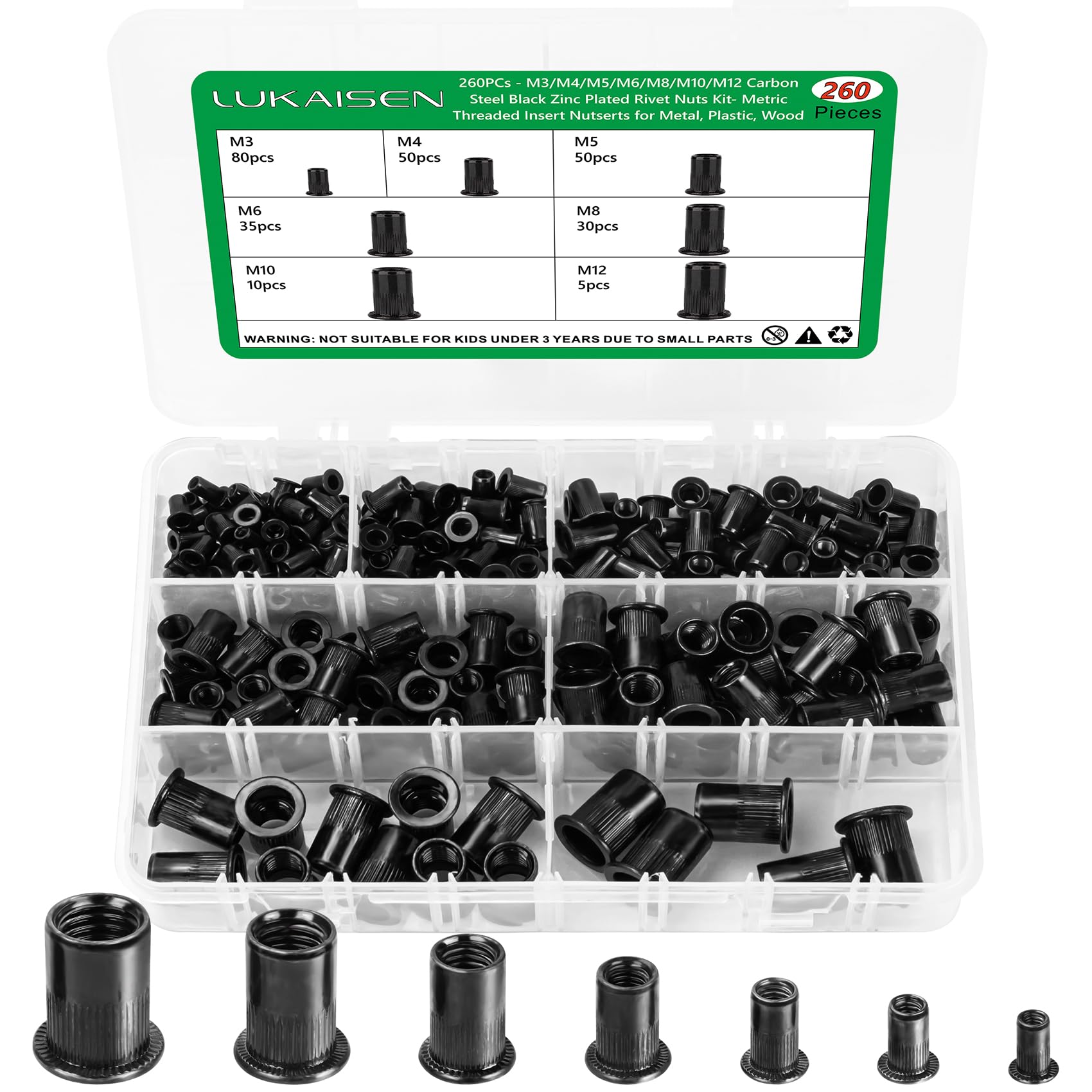 260 Pcs Rivet Nuts Kit, Flat Head Threaded Insert Nut Riveter Set, Black Zinc Plated Carbon Steel Rivnuts, Blind Rivet Nut Assortment for Metal (M3/M4/M5/M6/M8/M10/M12)(Black)