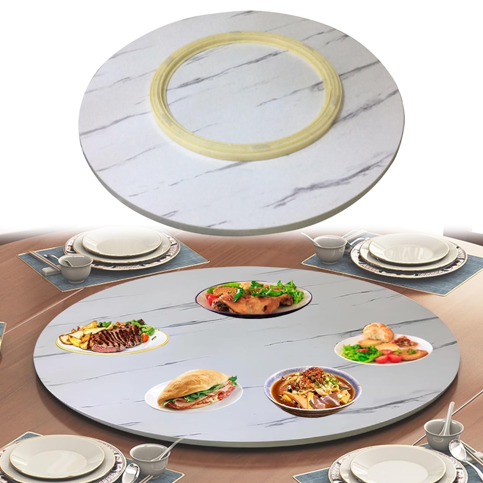 Obrotowa drewniana taca do serwowania Lazy Susan 80 cm biała - gramofon 360° na stół jadalny, duży, okrągły talerz z cichymi kółkami, idealna do rozrywki i serwowania.