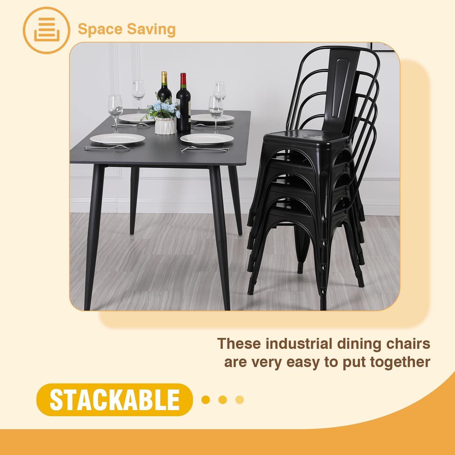 PayLessHere Modern Industrial Metal Dining Chairs Set of 2, 18 Inch, Black, Stackable, 330 LBS Weight Capacity