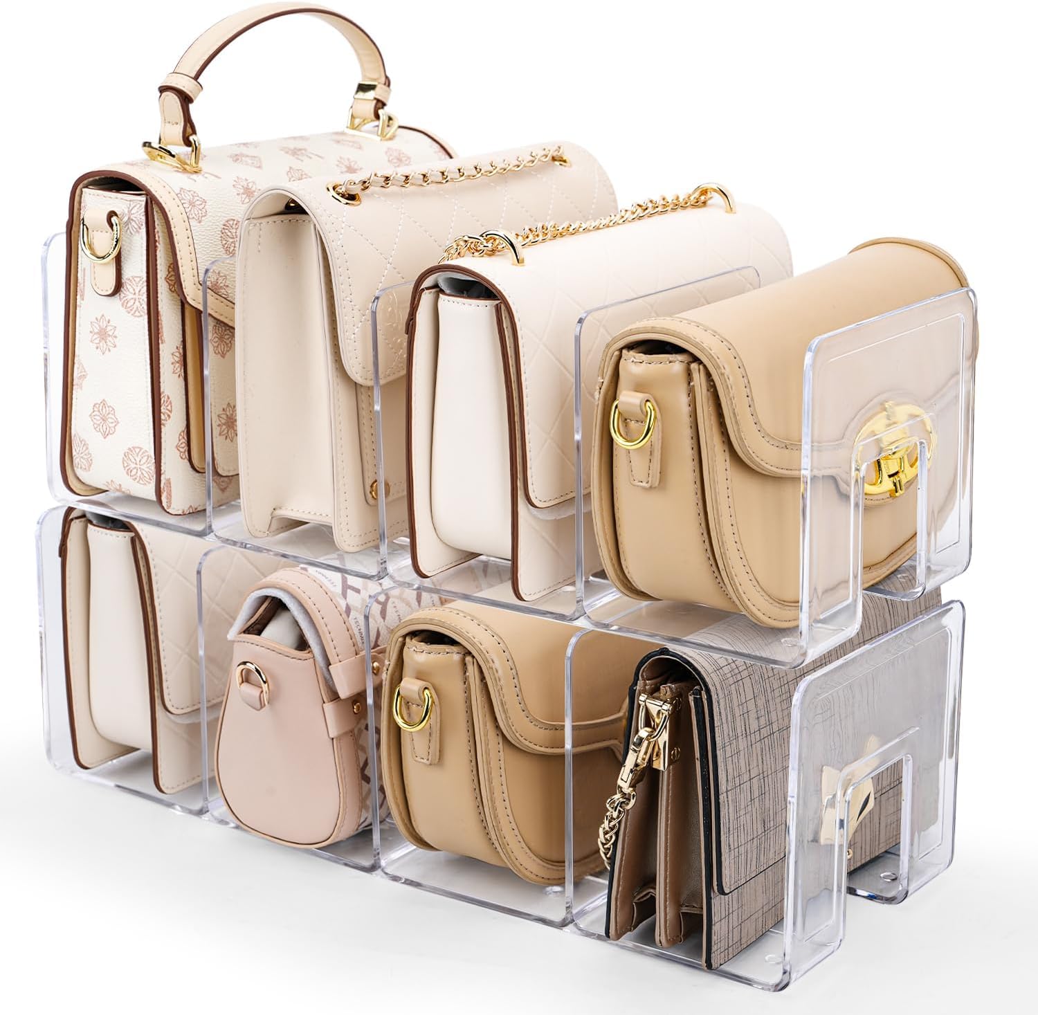 Meneflix 2 Pack Acrylic Purse Organizer for Closet, 8-Slot Bag & Purse Organizer, No Assembly, Clear Handbag Storage Shelf .for Shelf Divider Handbags, Clothes, Sweater-image-3