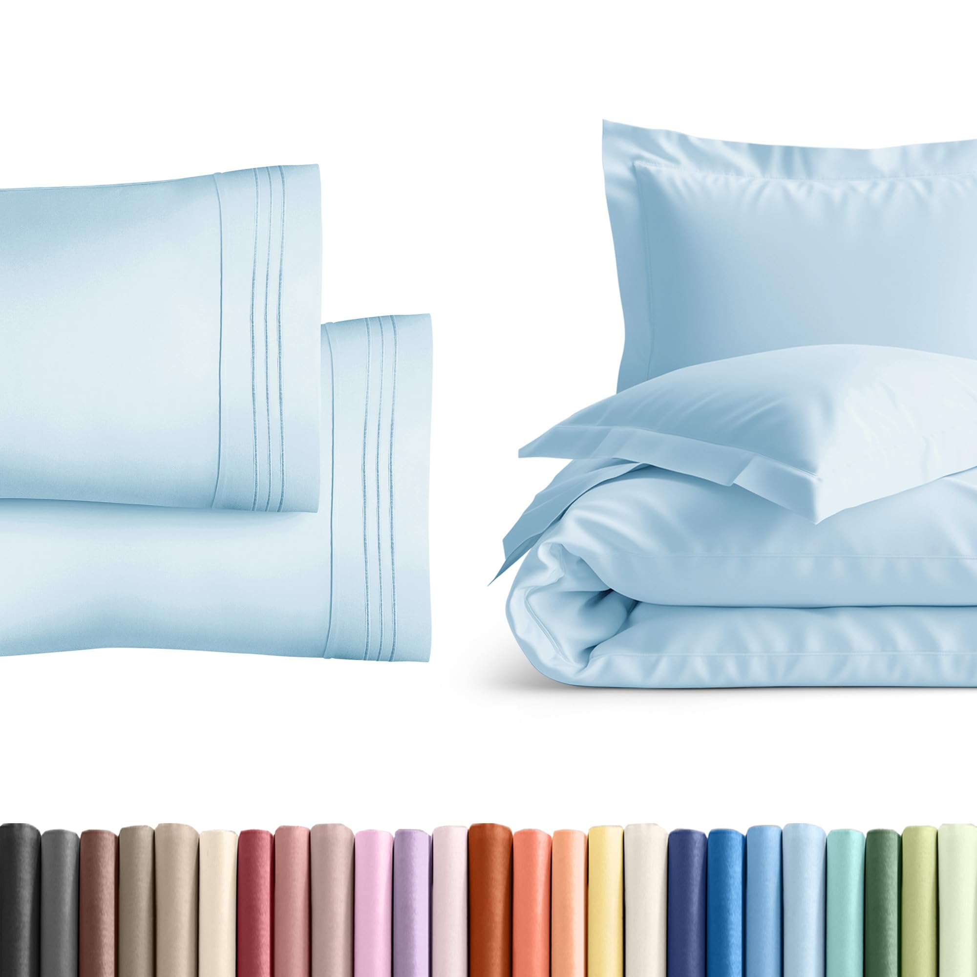 duvet cover full size set + 2 pillowcases with shams bundle - soft full size duvet cover - hotel luxury, easy care & fade free w/ zipper closures & ties - comfy, breathable bedding set (light blue)
