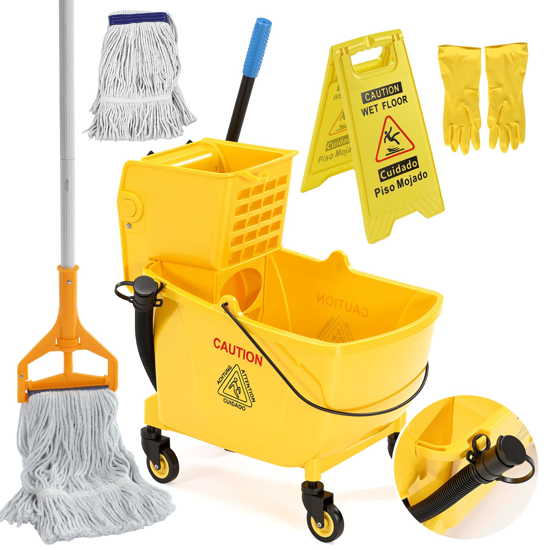 Fnova 38 Qt Commercial Mop Bucket with Side Press Wringer on Wheels, Including Wet Floor Caution Sign, 1 Heavy Duty Industrial Mop, 1 Mop Head