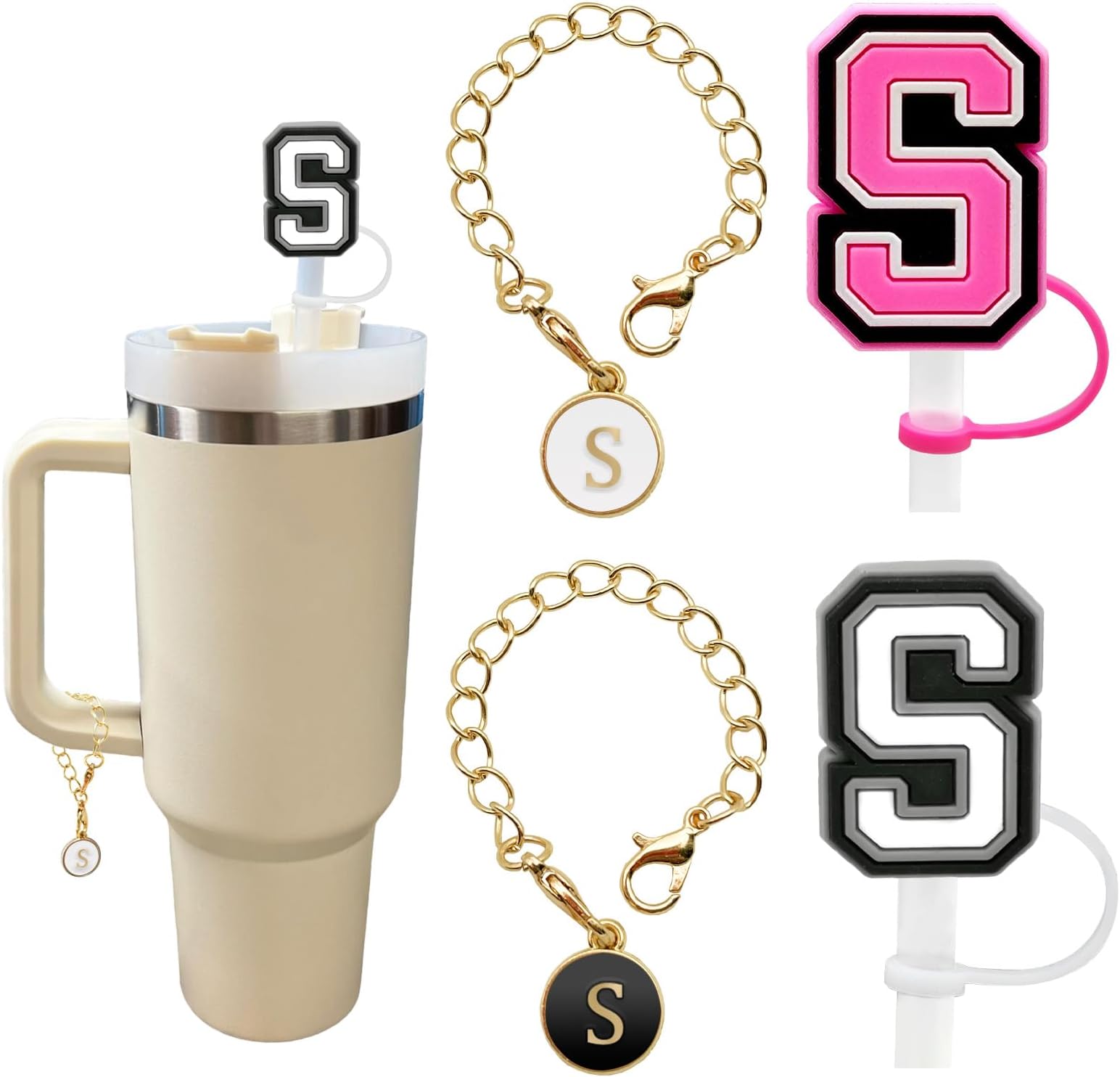 （2+2）2PCS Straw Cover for Stanley Cup 30&40 Oz 10mm Straw Topper with 2PCS Stanley Cup Accessories Letter Charms Name ID Initial Letter Handle Personalized Charm For Stanley Tumbler (Letter S)