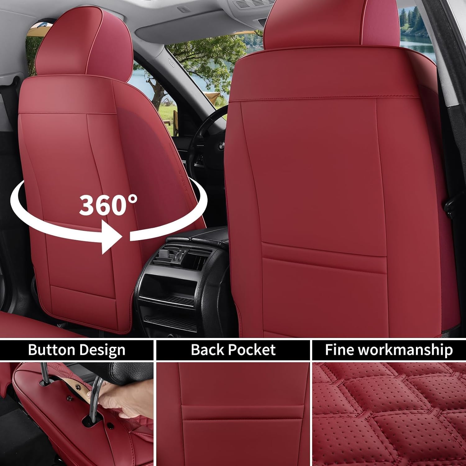 Car Seat Covers, Luxury Faux Leather Waterproof Non-Slip Women Seat Protector Universal Fit for Most Cars SUVs Trucks Pick-ups,Car Interior Accessories-SQ19 (Wine Red-Full Set) image 2 of 9 B0FF42ZX7W