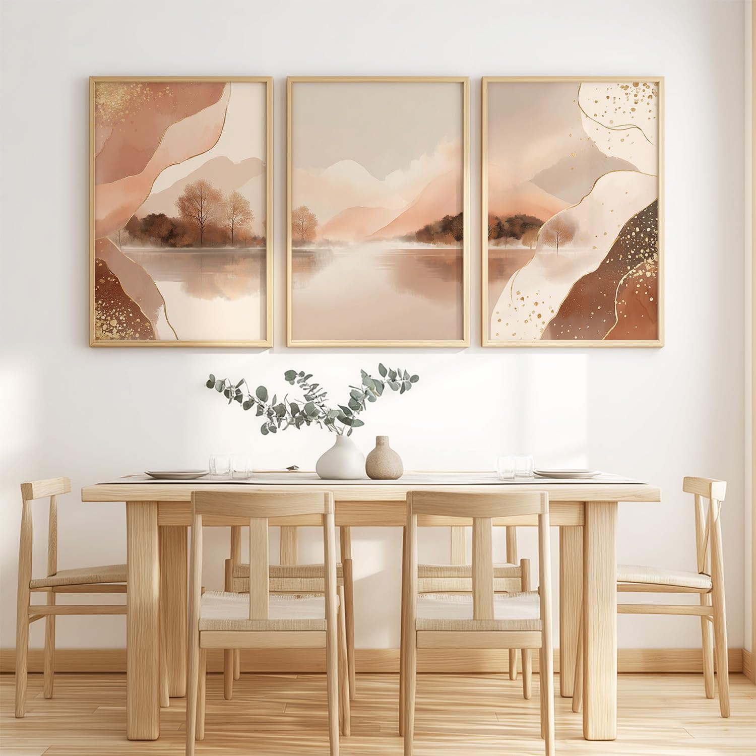 Générique 3 plakat dekoracja ścienna boho abstrakcyjny, duży plakat ścienny druk na płótnie akwarela natura jezioro las różowy koralowy złoty obrazy na korytarz bankiety kuchnia, 50 x 70 cm