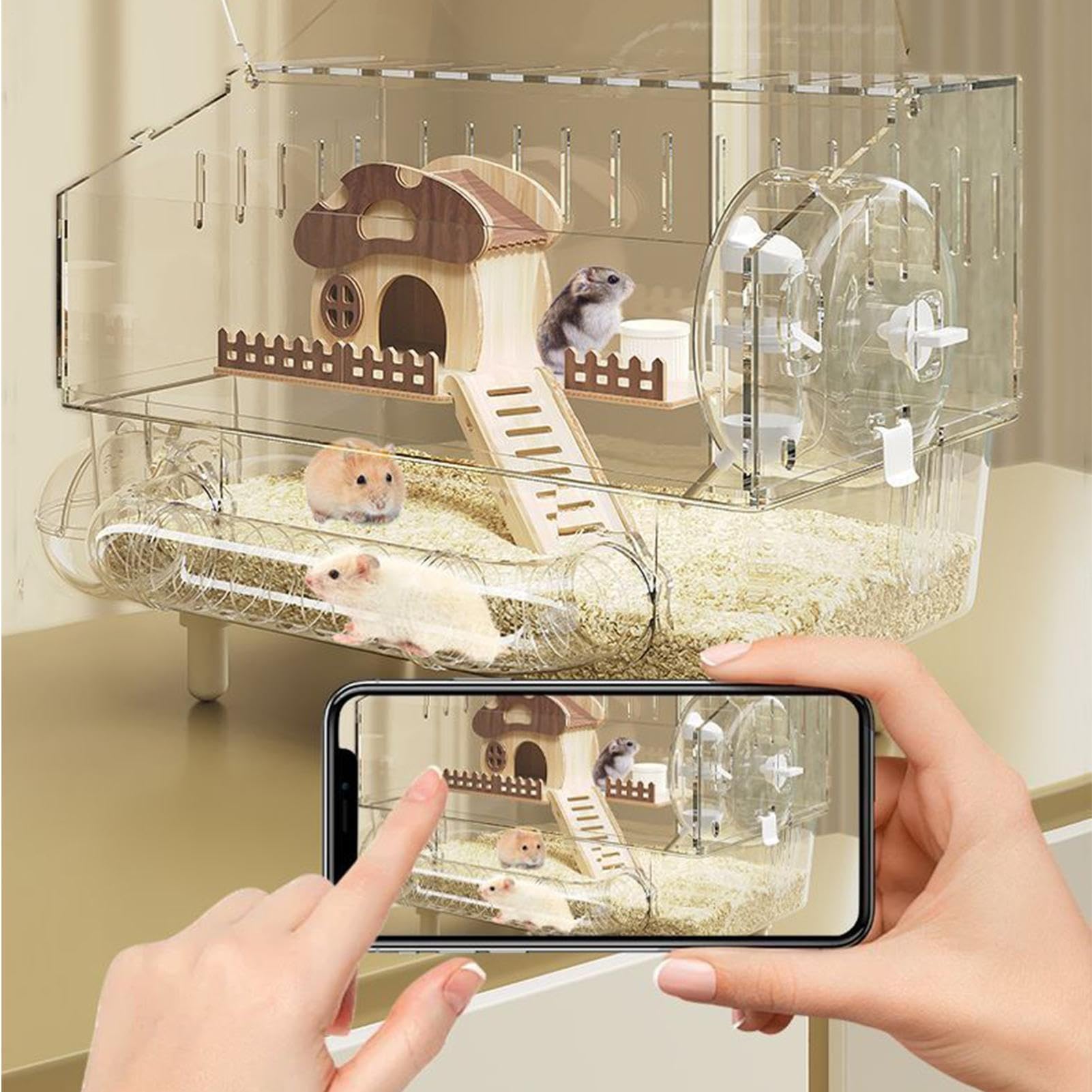 Hamsterkäfig mit Laufrad - Extra großer Acryl-Doppelschichtiger Lebensraum mit Zubehör für Kleintiere - Perfekt für Reisen und Zuhause