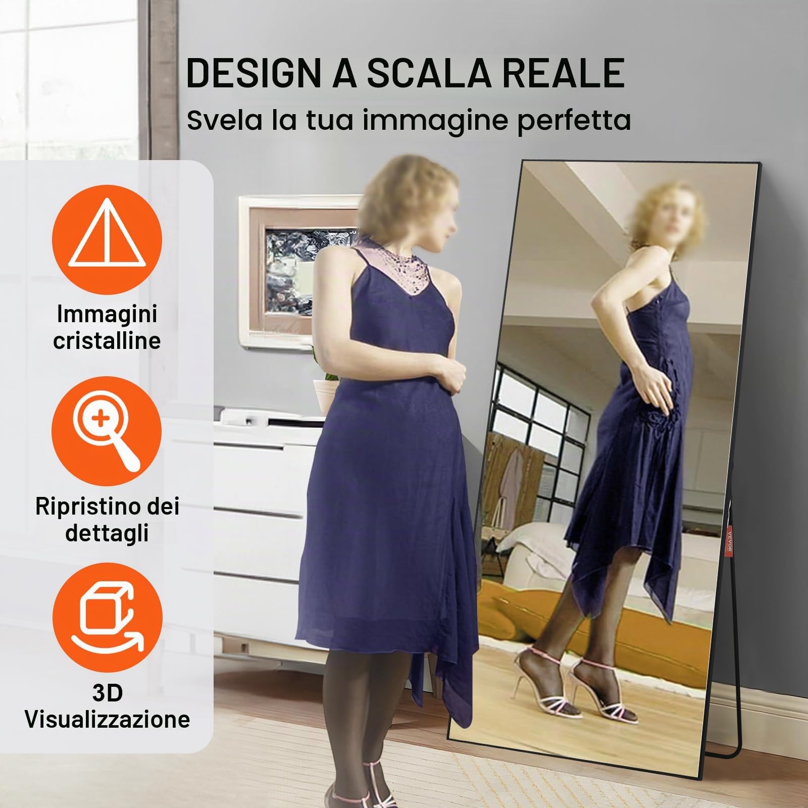 VEVOR Specchio a Figura Intera 1800 x 785 mm Extra Grande da Terra, Rettangolare, da Appendere o Appoggiare, Telaio in Lega di Alluminio, da Toeletta per Camera da Letto, Nero