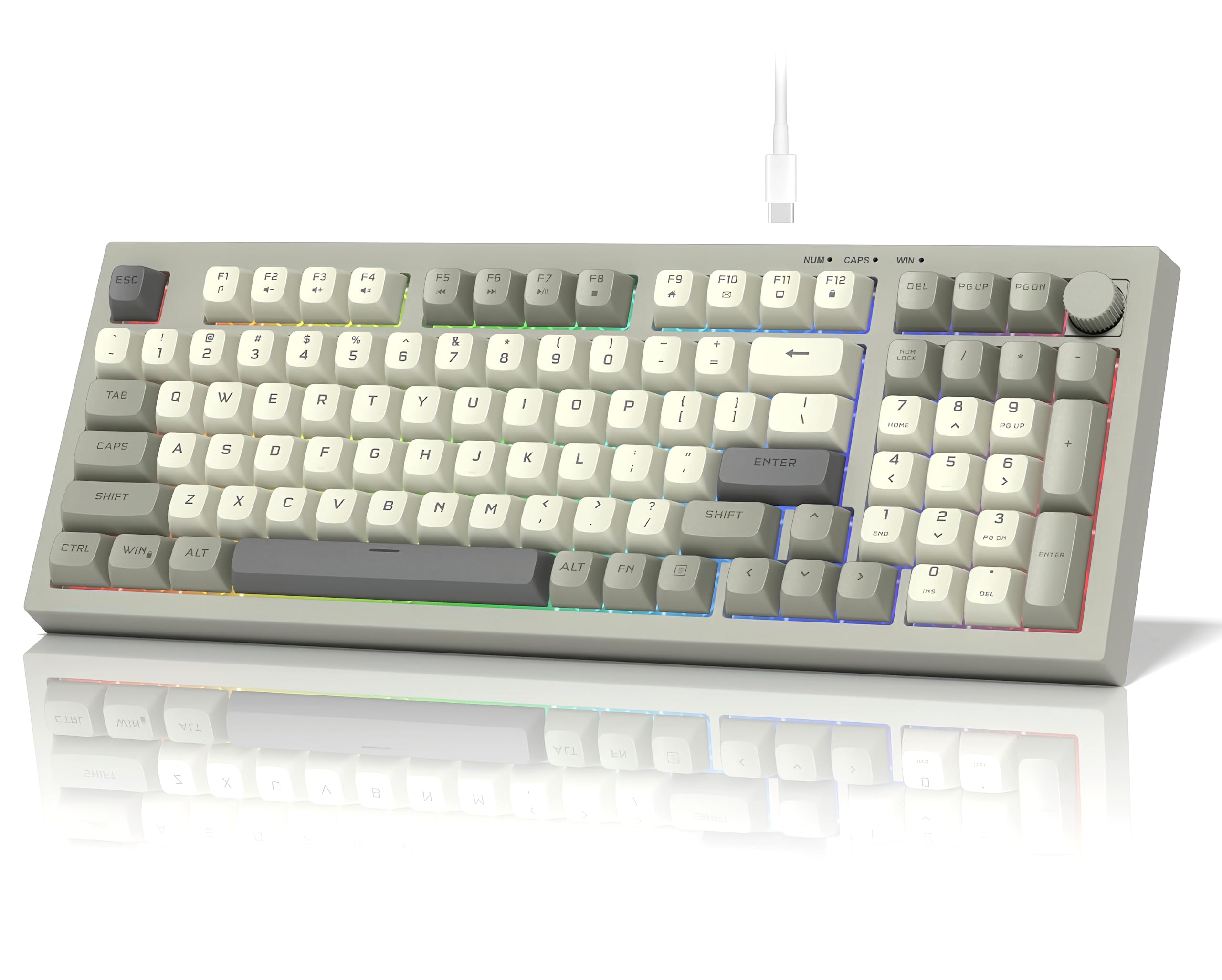 dagaladoo DK98 Wired Gaming Keyboard Creamy Membrane with Rainbow RGB Backlight - Quiet,Volume Knob,Retro PBT Keycap 98 Key ANSI Layout Compatible with Windows 10/8.1/8/7 (Grey)