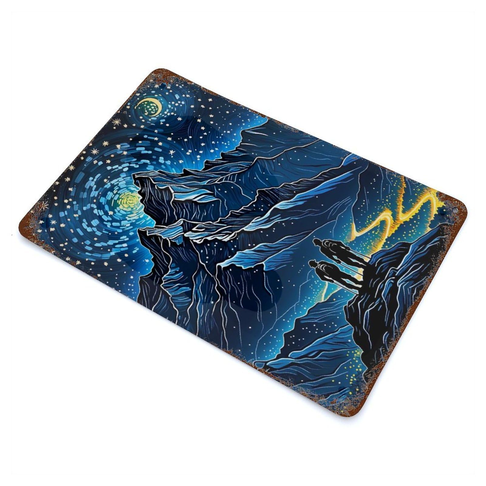 Mountain Climber Starry Night Distressed Metal Wall Sign 11.8"x7.9", Rustic Home Decor for Farmhouse, Kitchen And Entryway Decor