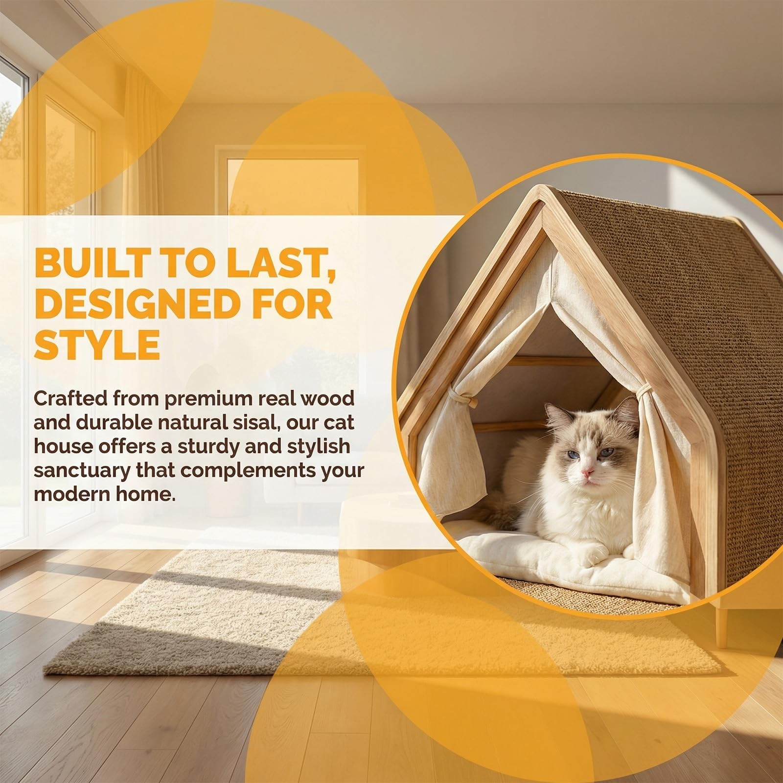 3-in-1 Gemütliches Katzenhaus Sisal mit Holzrahmen