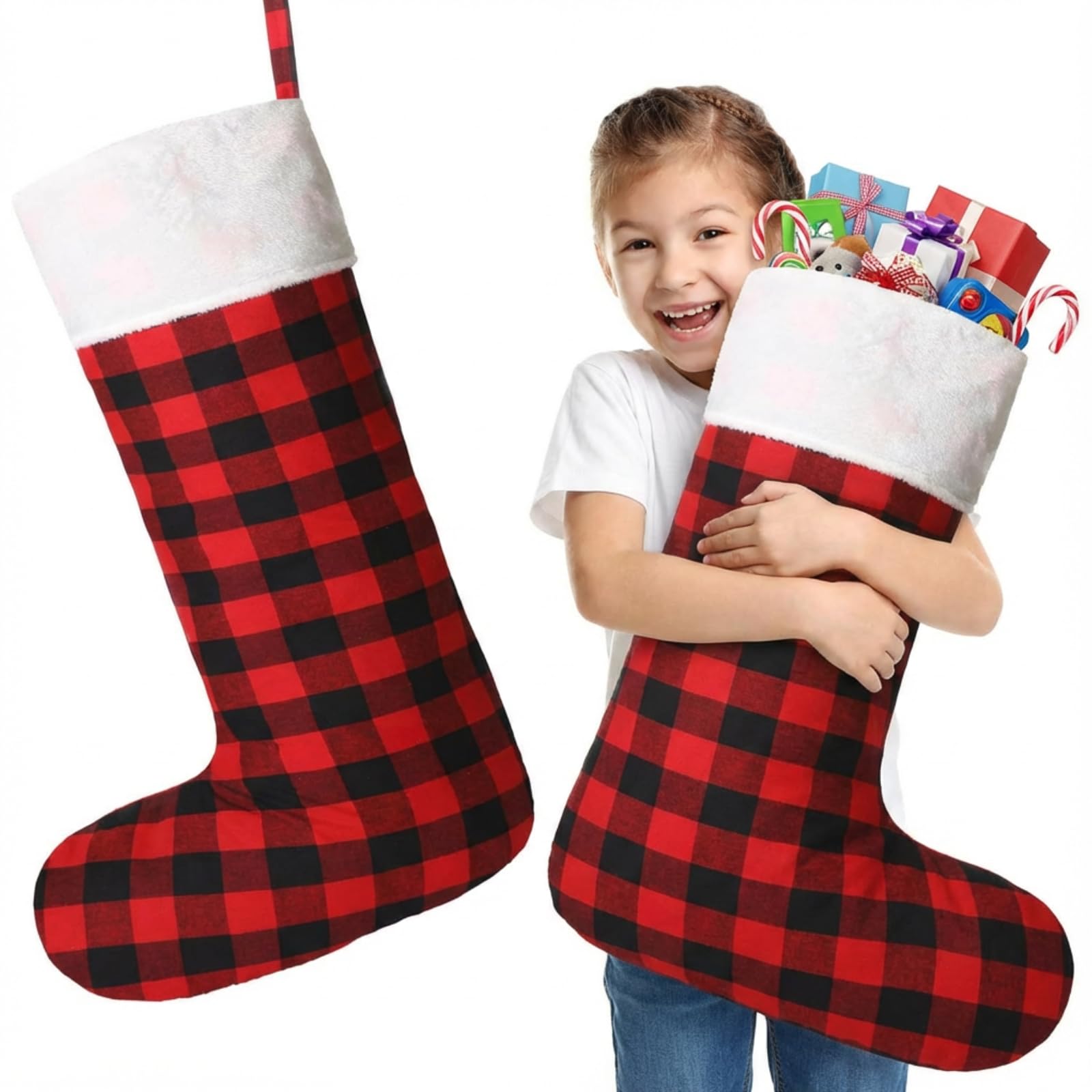 2 Stück 109,9 cm große Weihnachtsstrümpfe, extra groß, riesig, Büffelkariert, schwarz, rot, übergroßer Weihnachtsstrumpf für Familie, Kinder, Weihnachtsbaum, Party, Urlaubsdekoration (weißer Plüsch)