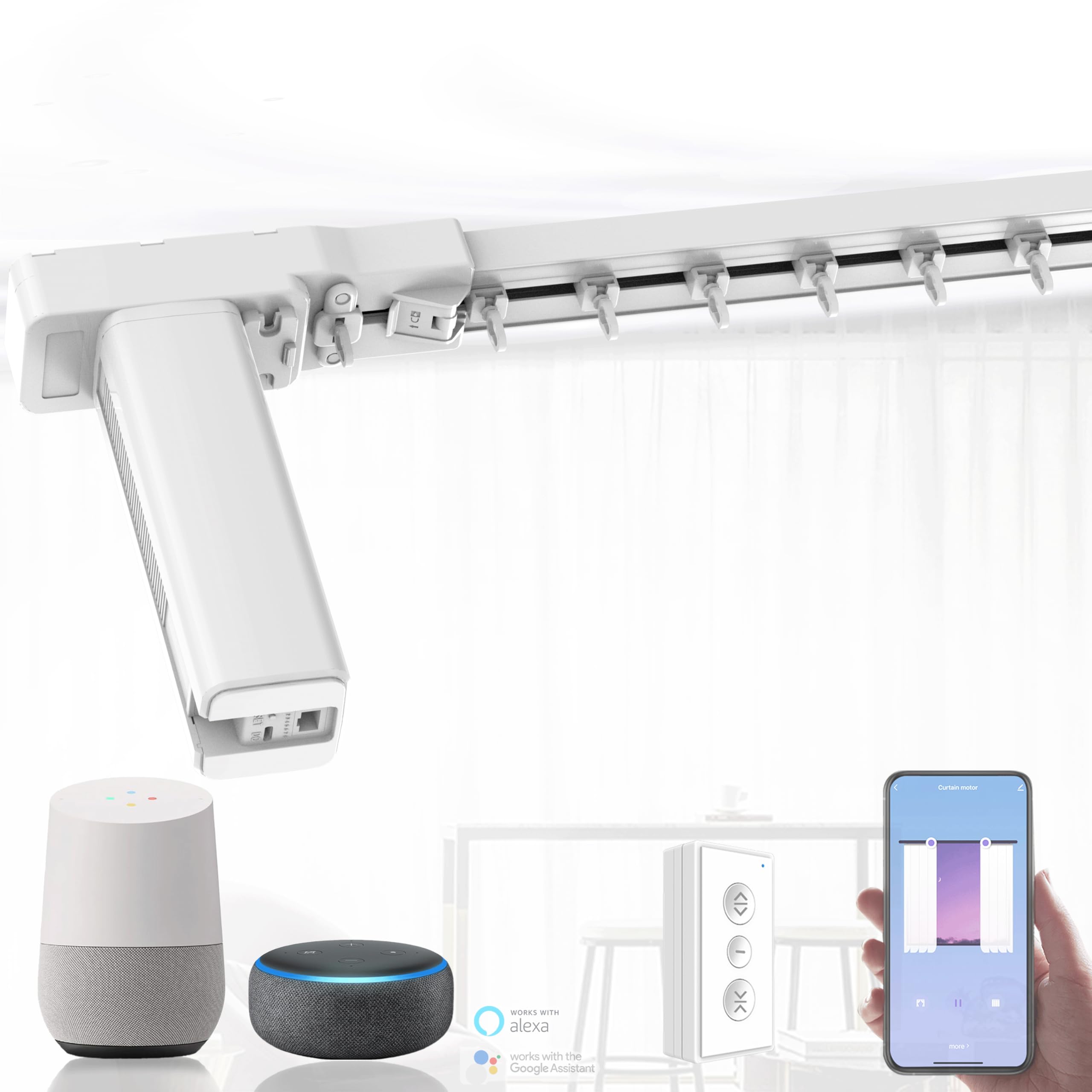 QUOYA SW01 S-Wave Smart Electric Curtain Track 【Beltless, No Cutting, 3 velocità, App & Voice Control, Remote Control】 (fino a 5 metri (196 pollici)