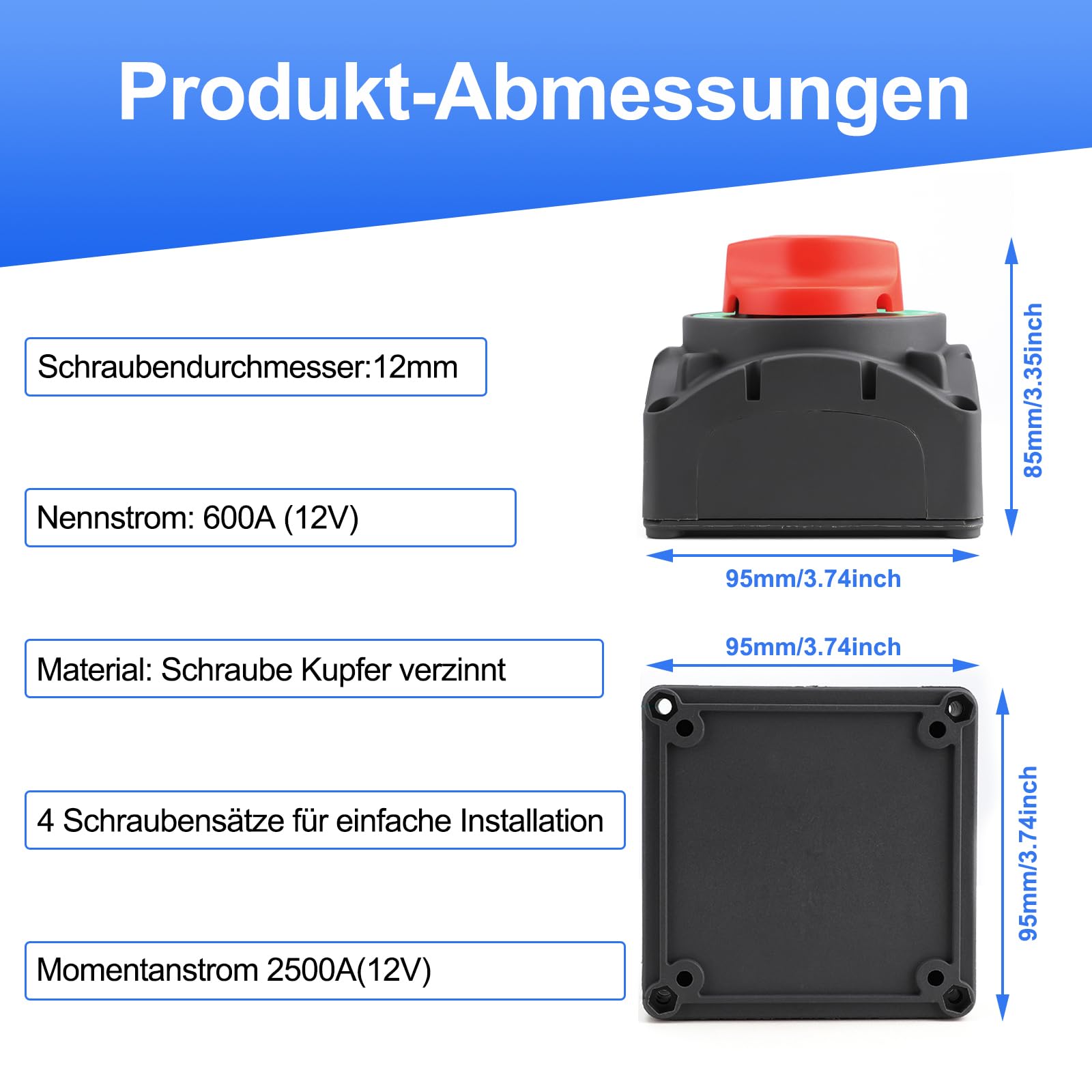 Batterie Trennschalter 12-48V, 600A Batterietrennschalter, IP68 Wasserdicht für Boot Motorrad Yacht Auto KFZ Bus RV UTV-Fahrzeug(ON/OFF High Current)