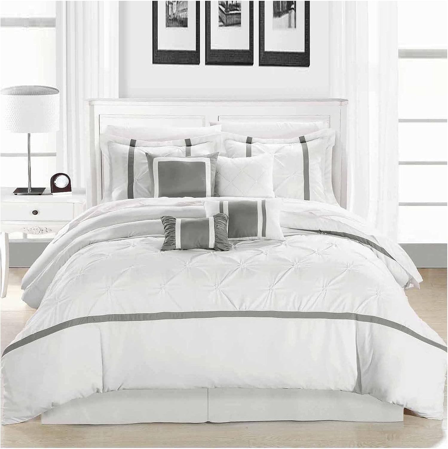 Chic Home White Bed in a Bag Comforter Set, King Size (8 Piece), Vermont - Pinch Pleat Microfiber Bedding - Comforter, Shams, Bed Skirt, Cushions and Breakfast Pillow