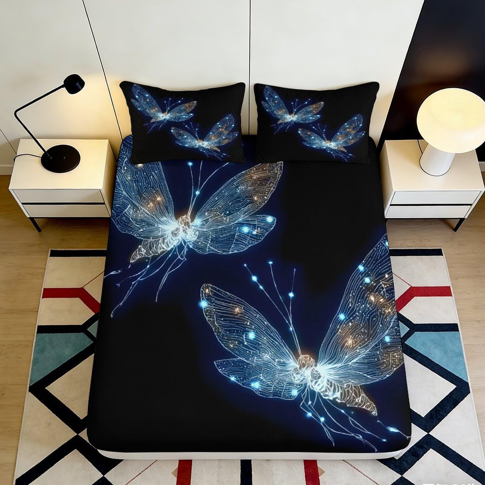 3D Printed Luminous Butterfly Fitted Sheet Microfiber Anti-Slip Bed Cover for Bedroom Dorm Mattress Decoration 180x200x25cm