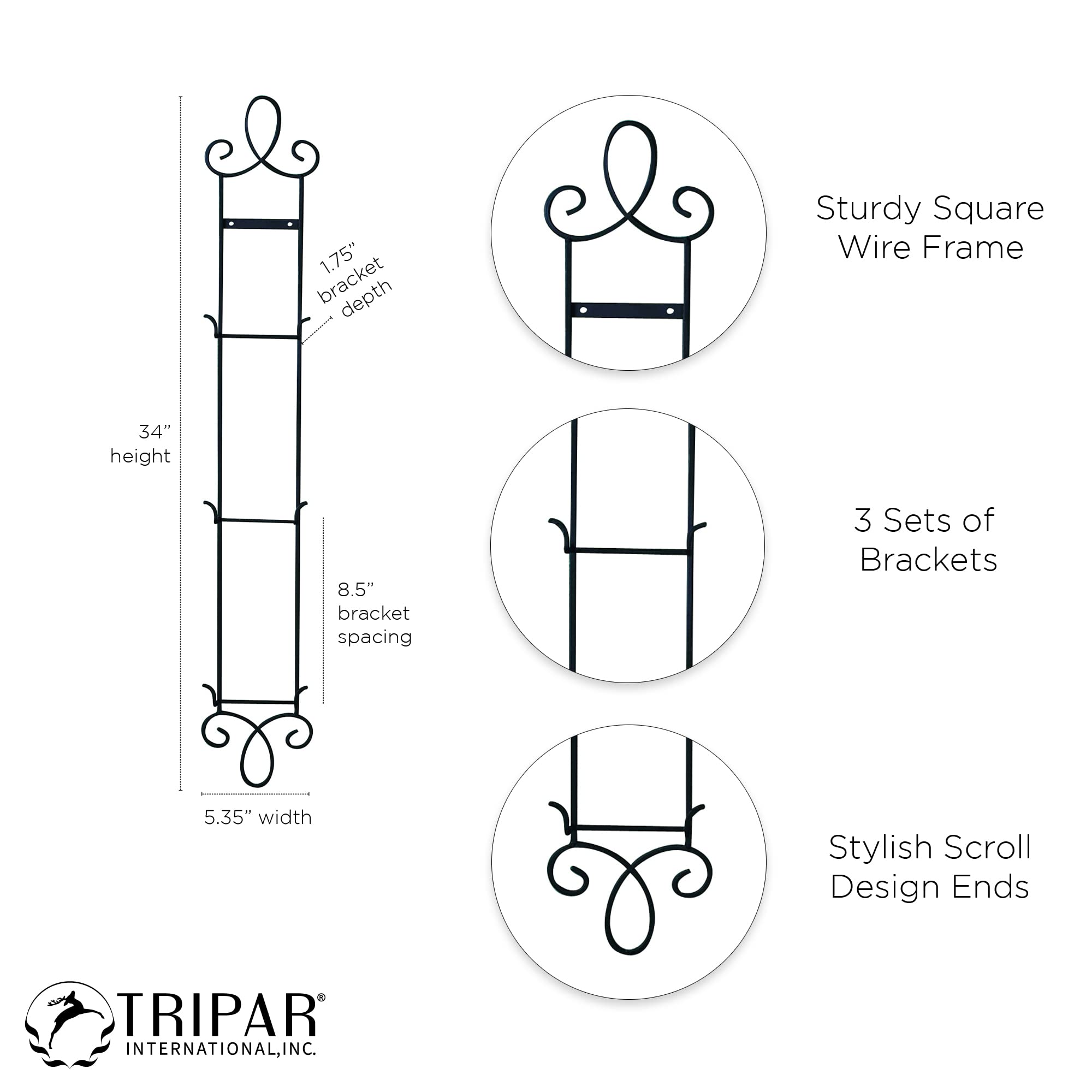 Laredo Vertical Triple Wall Plate Holder - Bronze Wrought Iron, 32" H X 8.5" W, Holds Three 8" Plates